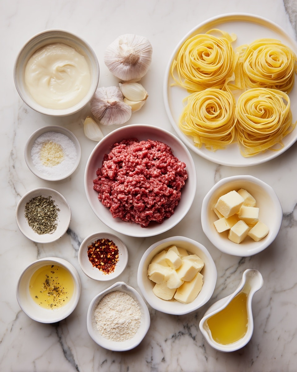 A white marbled surface holds various ingredients neatly arranged in white and neutral bowls. In the center is a neutral bowl filled with raw, red ground meat. To the top right, a white plate has six nests of yellow uncooked tagliatelle pasta. Surrounding these are small white bowls with different seasonings: salt, crushed red pepper flakes, black pepper, dried herbs, and a bright orange-red spice. A white bowl at the top left holds a smooth, creamy white sauce. Near the bottom, there are three garlic cloves in a white bowl, a white bowl with light yellow butter cubes, and a small pourer with cream. Also visible are small bowls with grated cheese, flour, and olive oil. Everything is spread out neatly on the white marbled surface, photo taken with an iphone --ar 4:5 --v 7