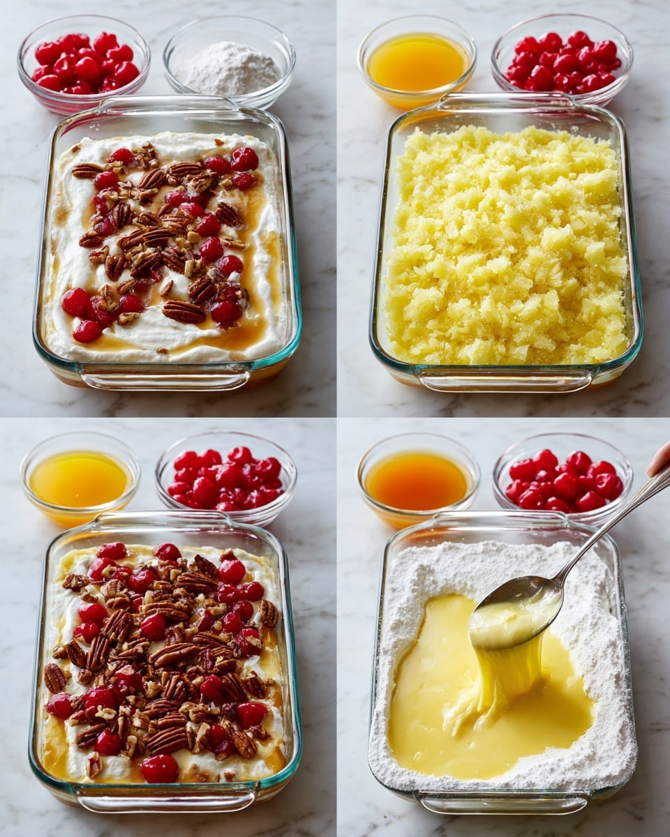 A clear glass rectangular baking dish sits on a white marbled surface, shown in four steps of layering. The first layer is a light brown syrup spread thinly across the bottom with scattered bright red cherry halves and small pieces of chopped pecans on top. The second step covers this with a thick, uneven layer of yellow crushed pineapple that partially hides the cherries beneath. The third step adds a smooth, even layer of white flour or powdered sugar over the pineapple, fully covering the previous layers with a soft, powdery look. The final step shows the dish topped with melted golden yellow butter, which is spread unevenly and glossy, with a silver spoon poised to smooth it out. Small bowls of red cherries, yellow pineapple, and orange juice are visible in the background. Photo taken with an iphone --ar 4:5 --v 7