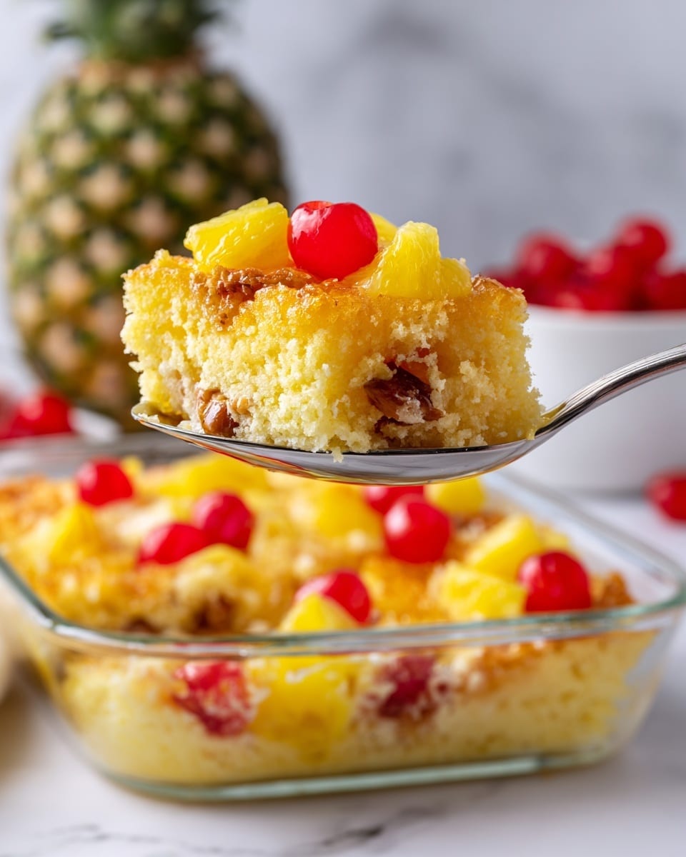 A spoon holds a close-up of a layered dessert showing a top golden-yellow soft cake layer with a crumbly texture, underneath which juicy yellow pineapple chunks and bright red cherries are mixed with some brown nut pieces. The dessert sits in a clear glass baking dish on a white marbled surface. In the background, a whole pineapple and a white bowl filled with the same dessert can be seen out of focus. The scene is bright and clean, with the focus mostly on the spoonful of dessert photo taken with an iphone --ar 4:5 --v 7