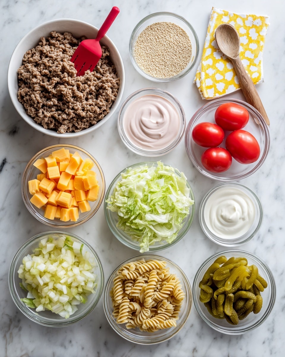 The image shows a collection of small white bowls and clear glass bowls with different food ingredients placed on a white marbled surface. Starting from the top left, a round white bowl contains brown cooked ground beef with a red spatula with a wooden handle next to it. To the right, a small clear bowl holds light beige sesame seeds, next to two small red cherry tomatoes and a folded yellow cloth with white patterns. Below the beef bowl is a small clear bowl of diced pale green pickles next to a small white bowl filled with light green shredded lettuce. To the right is a small clear bowl filled with pale pink Thousand Island dressing. In the bottom left corner, a small white bowl holds bright orange cheddar cubes, followed by a small white bowl of finely chopped white onions. To the right, a small clear bowl contains green dill pickle chips with visible ridges. Below is a white bowl filled with halved red cherry tomatoes. Next to it is a round white bowl filled with light yellow rotini pasta. At the bottom left, a small clear bowl contains creamy white mayonnaise. The bowls are neatly arranged to show ingredients clearly. Photo taken with an iphone --ar 4:5 --v 7