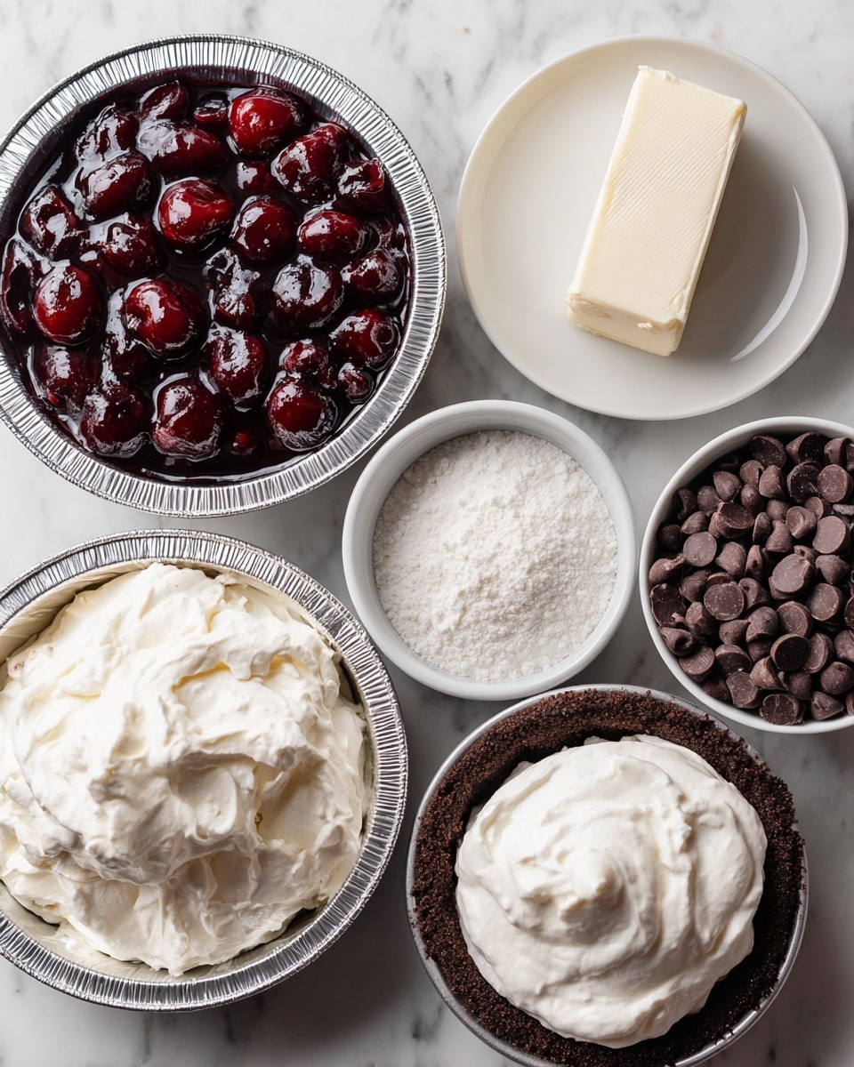 Five separate containers are placed on a white marbled surface. Starting from the top left, there is an open can filled with dark red cherry pie filling with visible whole cherries inside. To the right, on a white plate, is a solid block of smooth white cream cheese. Below the cherry pie filling is a white cup filled with powdery white powdered sugar. Next to it, on the right, is a small white bowl filled with mini dark chocolate chips, round and shiny. Further down, there is a white container filled with fluffy white cool whip with a creamy texture. At the bottom right corner, a 9-inch chocolate pie crust is visible, dark brown with a crumbly texture inside a shiny silver foil pie pan. photo taken with an iphone --ar 4:5 --v 7