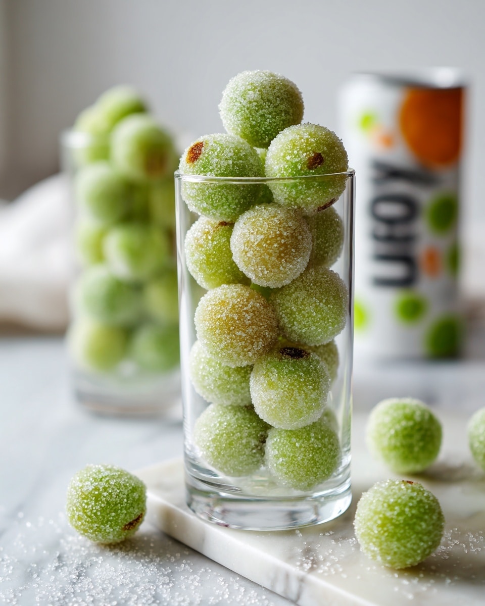 A clear tall glass is filled with a stack of round green balls covered in small sugar crystals, giving them a shiny, rough texture. The balls have a soft pale green color with a few small brown spots. In the background, there is a second glass with more green sugar-coated balls and a white can with black and orange text partially visible. Some loose green balls sprinkled with sugar are scattered on a white marbled surface around the base of the front glass. The whole scene is bright and clean with a soft focus on the background. Photo taken with an iphone --ar 4:5 --v 7