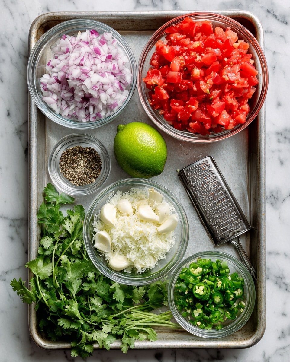 A metal tray holds seven ingredients arranged neatly. At the top left, a clear glass bowl filled with finely chopped purple and white onions. To the right, a larger clear glass bowl full of bright red diced tomatoes. Between these two bowls, a halved fresh lime displaying its bright green interior. Below the lime, a small clear bowl contains several peeled white garlic cloves. Next to the garlic, a grated lime zest rests on a silver grater with a black handle, stretching diagonally across the tray. To the right of the grater, another small clear bowl holds chopped green jalapeno peppers. At the bottom left, a small clear bowl contains a mix of black pepper and white salt, and a bunch of fresh green cilantro with leaves and stems spreads over the tray. The tray sits on a white marbled surface. Photo taken with an iphone --ar 4:5 --v 7