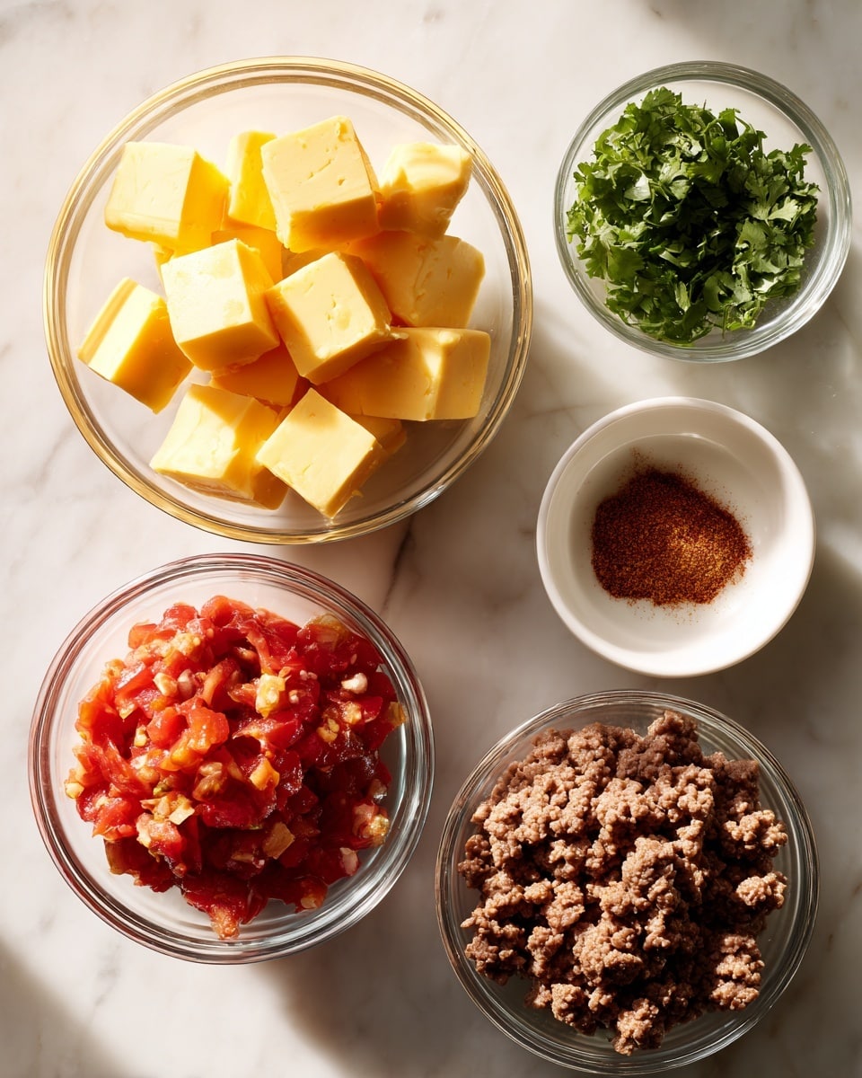 A top view of five small clear glass bowls on a white marbled surface. The largest bowl in the top left holds bright yellow Velveeta cheese cubes with a smooth texture. To its right, a smaller bowl contains chopped green cilantro leaves. Below that, a tiny white bowl holds a small pile of reddish-brown taco seasoning powder. On the bottom left, a medium clear bowl shows red and orange diced Rotel tomatoes with juice. The bottom right medium bowl is filled with cooked ground beef in shades of light and dark brown. All bowls are neatly arranged with some space between them, and the light creates soft shadows around the bowls. photo taken with an iphone --ar 4:5 --v 7