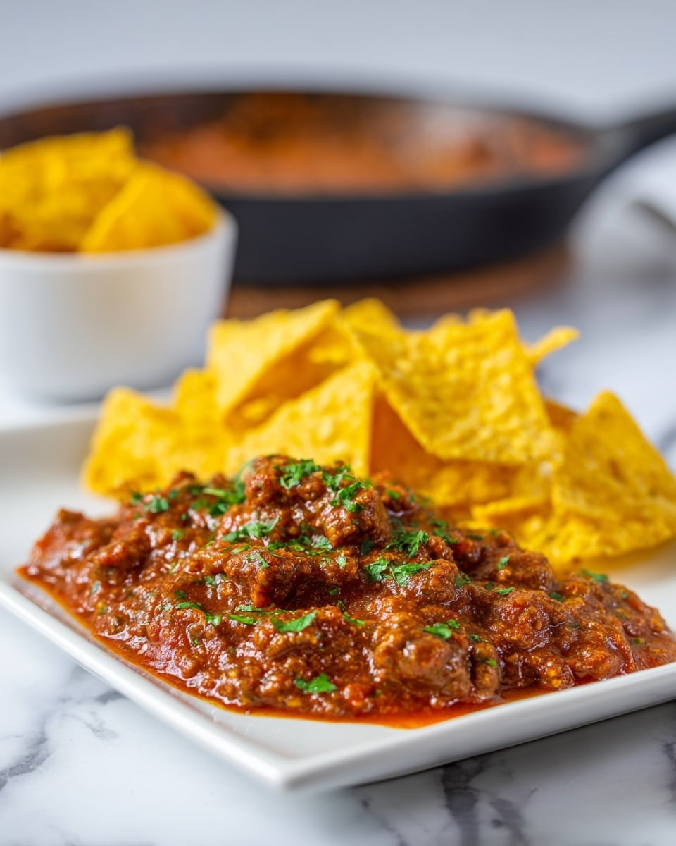A white rectangular plate holds a serving of thick sauce with small pieces of browned meat mixed in, topped with chopped green herbs for color. Behind this sauce, a small mound of bright yellow tortilla chips is arranged, showcasing their triangular shape and rough texture. The plate sits on a white marbled surface, with a blurred black skillet filled with the same sauce in the background, and a small white bowl with more yellow chips partially visible. Photo taken with an iphone --ar 4:5 --v 7