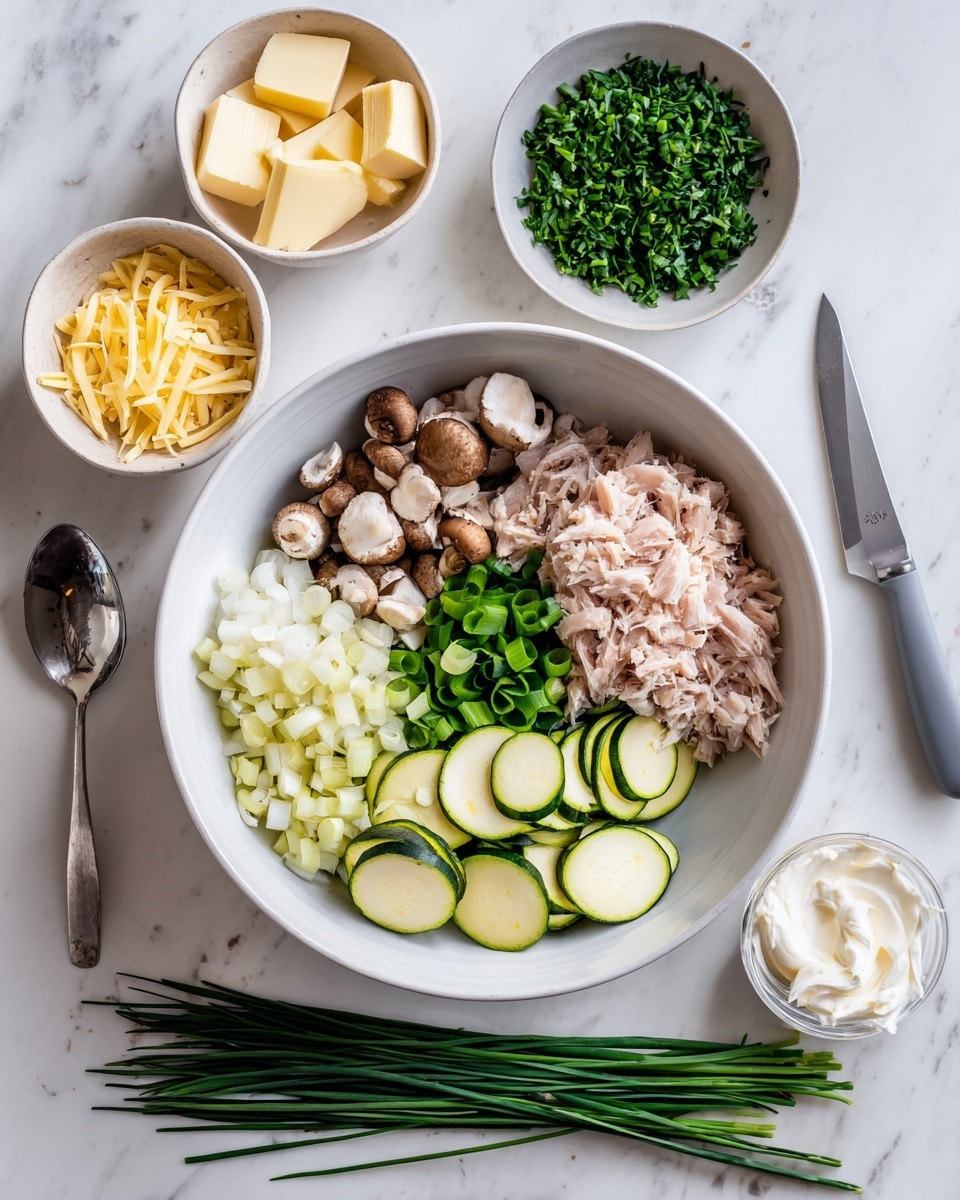 A white bowl on a white marbled surface holds several fresh ingredients for a recipe. The bowl contains a layer of light pink shredded tuna at the bottom right, pale green zucchini cut into thin slices forming a cluster on the bottom left, small brown mushrooms placed above the zucchini, finely chopped white onions to the left of the mushrooms, chunky light yellow-green pieces of green onion near the top left, bright green chopped leafy herbs above the mushrooms, and pale yellow butter cubes in the top left corner. Next to the bowl on the white marbled surface are fresh green chives laid out in bundle, two small white bowls side by side containing a light yellow shredded cheese and white cream. To the left, a large spoon with a greyish handle points toward the bowl. A woman's hand holds a small knife near the zucchini slices. The overall scene is bright and clean. photo taken with an iphone --ar 4:5 --v 7