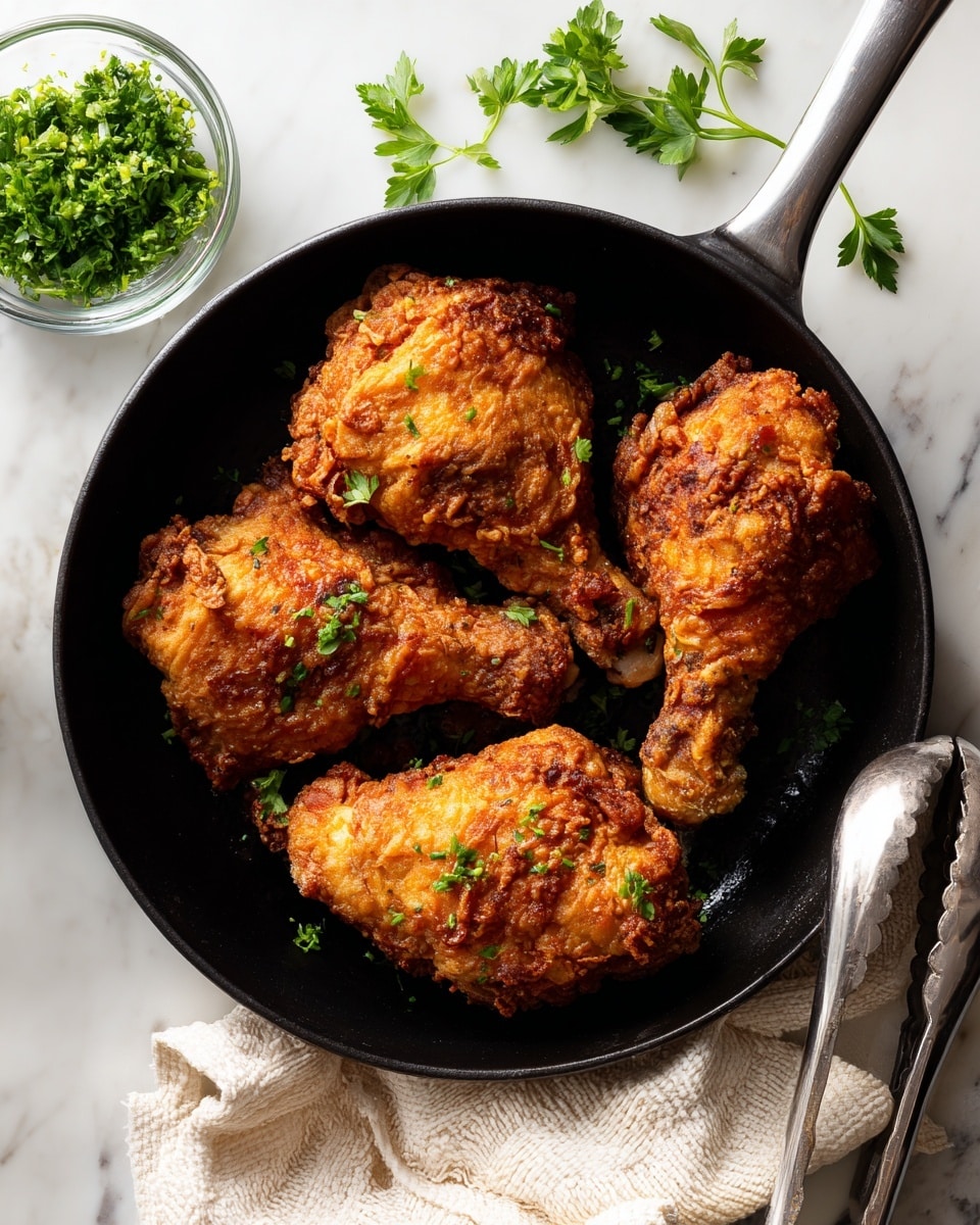 A black cast iron pan holds three pieces of golden brown fried chicken with a crispy texture, each piece showing a mix of light and dark brown spots, placed side by side in a slightly curved pattern. To the top left of the pan, there is a small clear glass bowl filled with chopped fresh green parsley, with a few parsley leaves scattered nearby on a white marbled surface. On the right side near the pan's handle, a pair of silver metal tongs rest on the same white marbled surface, accompanied by a cream-colored textured cloth partially folded. photo taken with an iphone --ar 4:5 --v 7