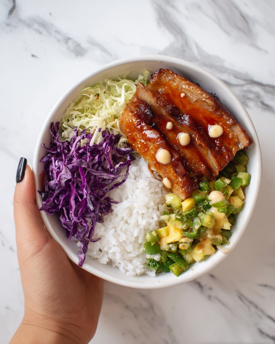A white bowl filled with four main layers: in the bottom right is a layer of white rice with a soft texture, next to it on the top right are two golden-brown glazed pieces of glazed cooked meat with a shiny surface, topped with small dollops of light beige sauce. The top left contains shredded deep purple cabbage with a glossy texture, and the bottom left has a mix of bright green diced vegetables with some pale yellow pieces, also topped with creamy light beige sauce. A woman's hand is holding the bowl over a white marbled surface. Photo taken with an iphone --ar 4:5 --v 7