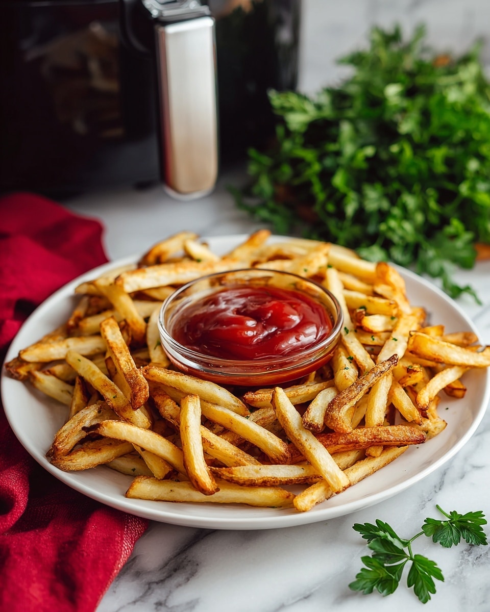 A white plate full of golden French fries arranged around a small clear glass bowl filled with thick red ketchup, placed in the center of the plate. The fries are crispy with some slightly browned edges, showing a crunchy texture. The plate is set on a white marbled surface with a bunch of fresh green parsley placed to the right side and a red cloth on the left side. In the background, a black air fryer with a metal handle reflects some fries inside. photo taken with an iphone --ar 4:5 --v 7