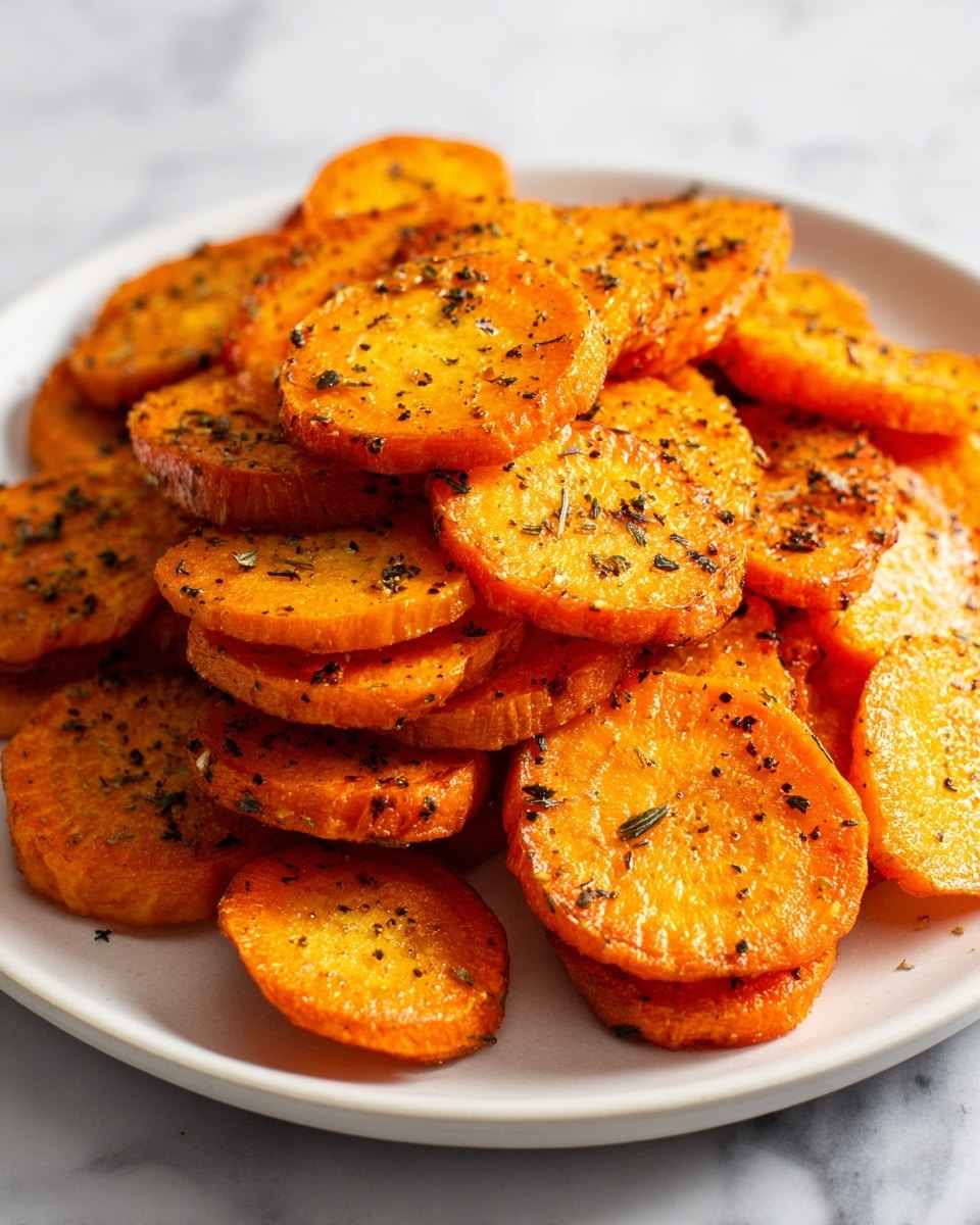 This image shows a pile of golden brown roasted carrot slices with a slightly crispy texture. The carrots have specks of black pepper and herbs sprinkled evenly on top, giving them a slightly rough surface. The slices are stacked in a casual heap on a plain white plate, with some edges looking slightly darker from roasting. The background is a white marbled texture, making the warm orange and brown colors of the carrots stand out. photo taken with an iphone --ar 4:5 --v 7