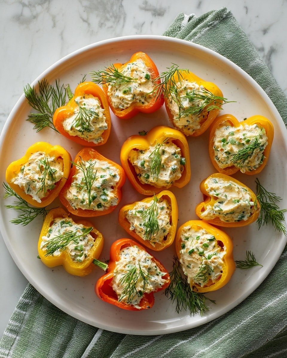 A white plate with fourteen orange bell pepper halves arranged in a circular pattern. Each pepper half is filled with a creamy white mixture that has small green herb pieces mixed inside. At the wide end of each pepper, a small sprig of fresh green dill is tucked under the filling, adding a touch of greenery. The plate sits on a dark wooden surface with a green and white striped cloth partially visible at the bottom left corner. photo taken with an iphone --ar 4:5 --v 7