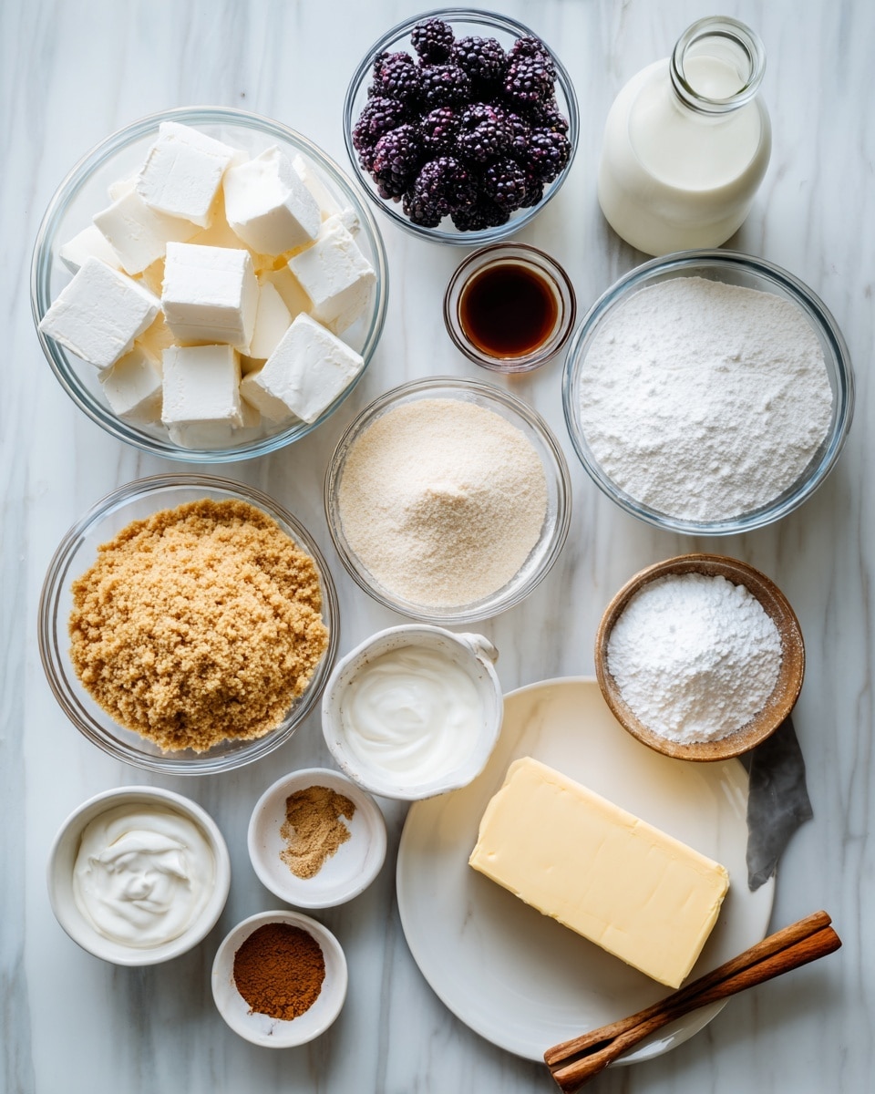 A top view of multiple clear glass bowls and a white plate on a white marbled surface, each filled with different ingredients. There is one bowl with smooth white cream cheese blocks, another with bright white powdered sugar, another with dark purple-black blackberries, a large bowl with light golden graham cracker crumbs, another bowl with white granulated sugar, a small bowl with dark brown vanilla extract, a small bowl with white sour cream, a small bowl with light brown cinnamon powder, and a bowl with white cornstarch and a small wooden spoon inside. There is a glass bottle filled with white heavy cream and a white plate holding a thick pale yellow stick of butter. The arrangement is neat, with all ingredients clearly visible. photo taken with an iphone --ar 4:5 --v 7