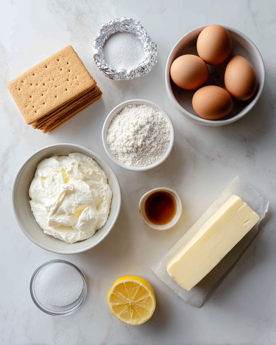A white bowl holds six brown eggs in the upper right on a white marbled surface. To the left, there are several rectangular golden gluten-free graham crackers stacked neatly. Below the crackers, a block of cream cheese partially wrapped in silver foil shows its smooth white texture. Next to the cream cheese is a small white bowl filled with fluffy white Greek yogurt. Above that, a gray bowl contains white gluten-free flour with a powdery texture. Beside the flour, a small white bowl has amber-colored vanilla extract. Near the top right are a halved lemon showing a bright yellow inside and a small brown bowl filled with white salt. Below the vanilla extract is a rectangular block of pale yellow unsalted butter, and next to it, a clear glass cup holds white sugar granules. All items sit on an even white marbled surface, with soft natural light. Photo taken with an iphone --ar 4:5 --v 7