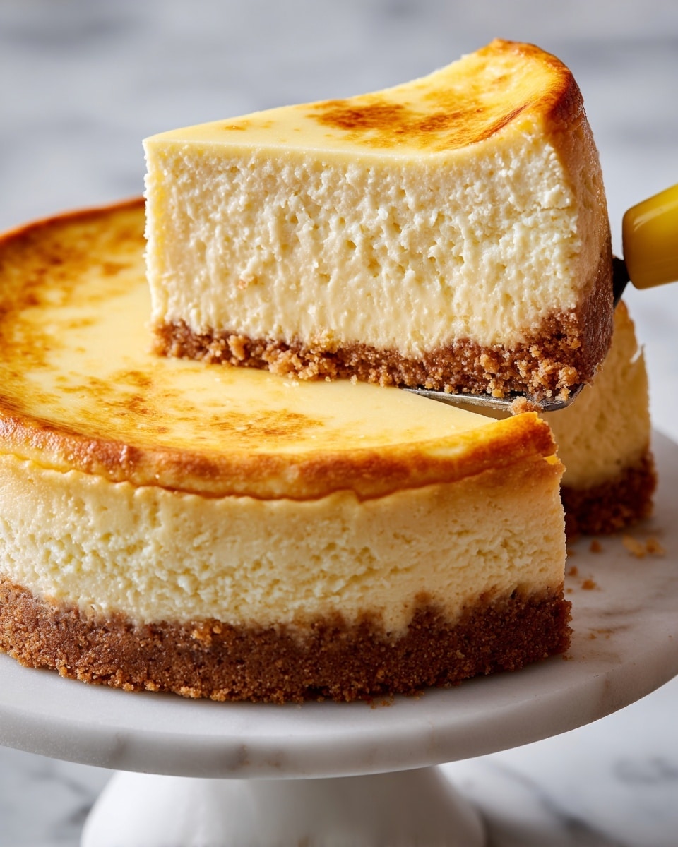 A round cheesecake with two layers is shown close-up on a white marbled surface. The top layer is thick and creamy light yellow with a smooth texture and a slightly golden, baked top. The bottom layer is a crumbly, brown crust that looks firm and thick, forming the base of the cake. One slice is being lifted with a yellow-handled utensil, showing the inside of the cheesecake that is dense and soft with a pale creamy color. The cake sits on a white stand with a smooth curve and a shiny finish. Photo taken with an iphone --ar 4:5 --v 7