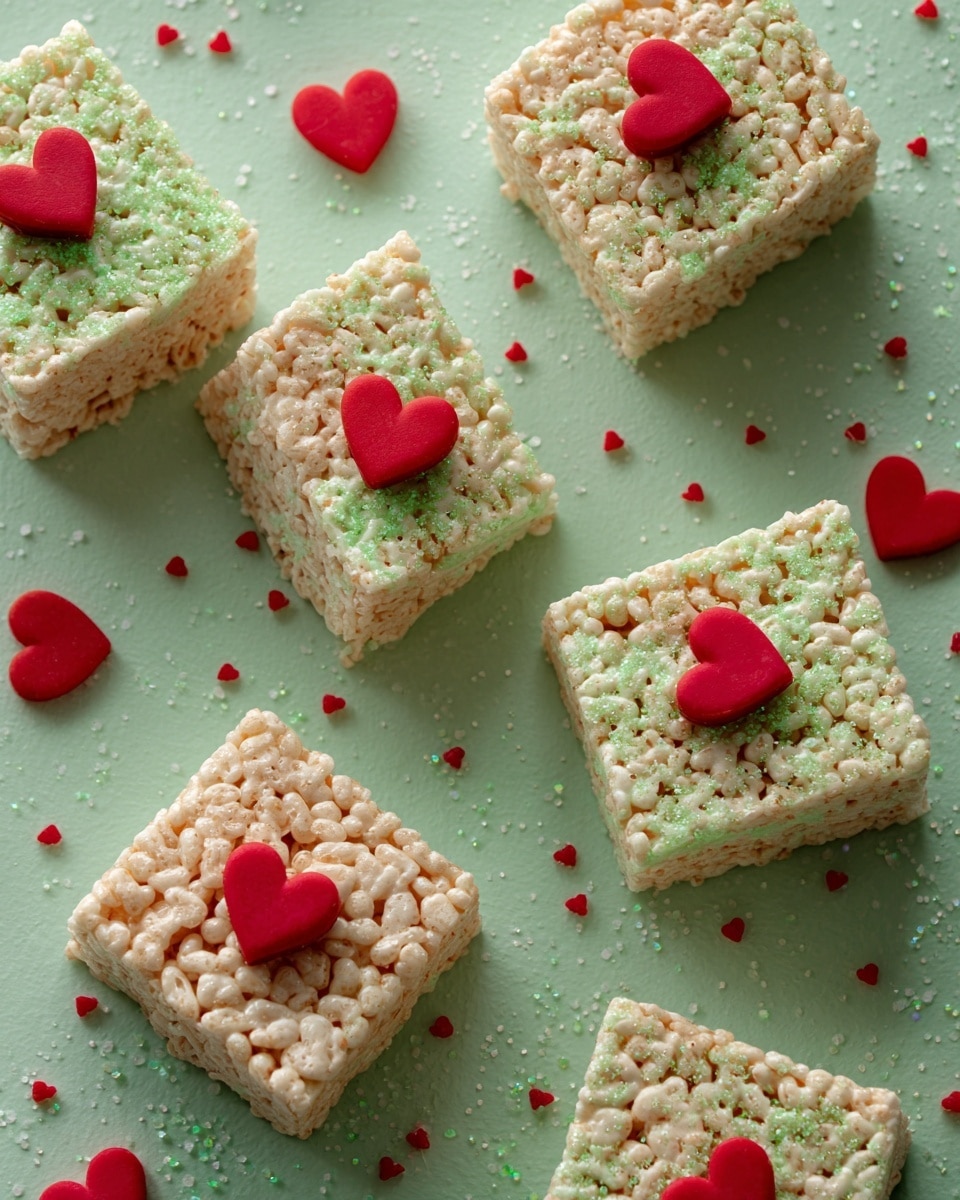 The image shows several square rice crispy treats with a pale creamy color mixed with a light green tint spread over them. Each treat is topped with a small red heart-shaped decoration in the center. The treats are placed scattered on a flat surface with a soft light green color. Around the treats, there are tiny red heart decorations scattered on the surface, along with small specks of green sugar crystals that add sparkle and texture. The overall look is festive and colorful. Photo taken with an iphone --ar 4:5 --v 7