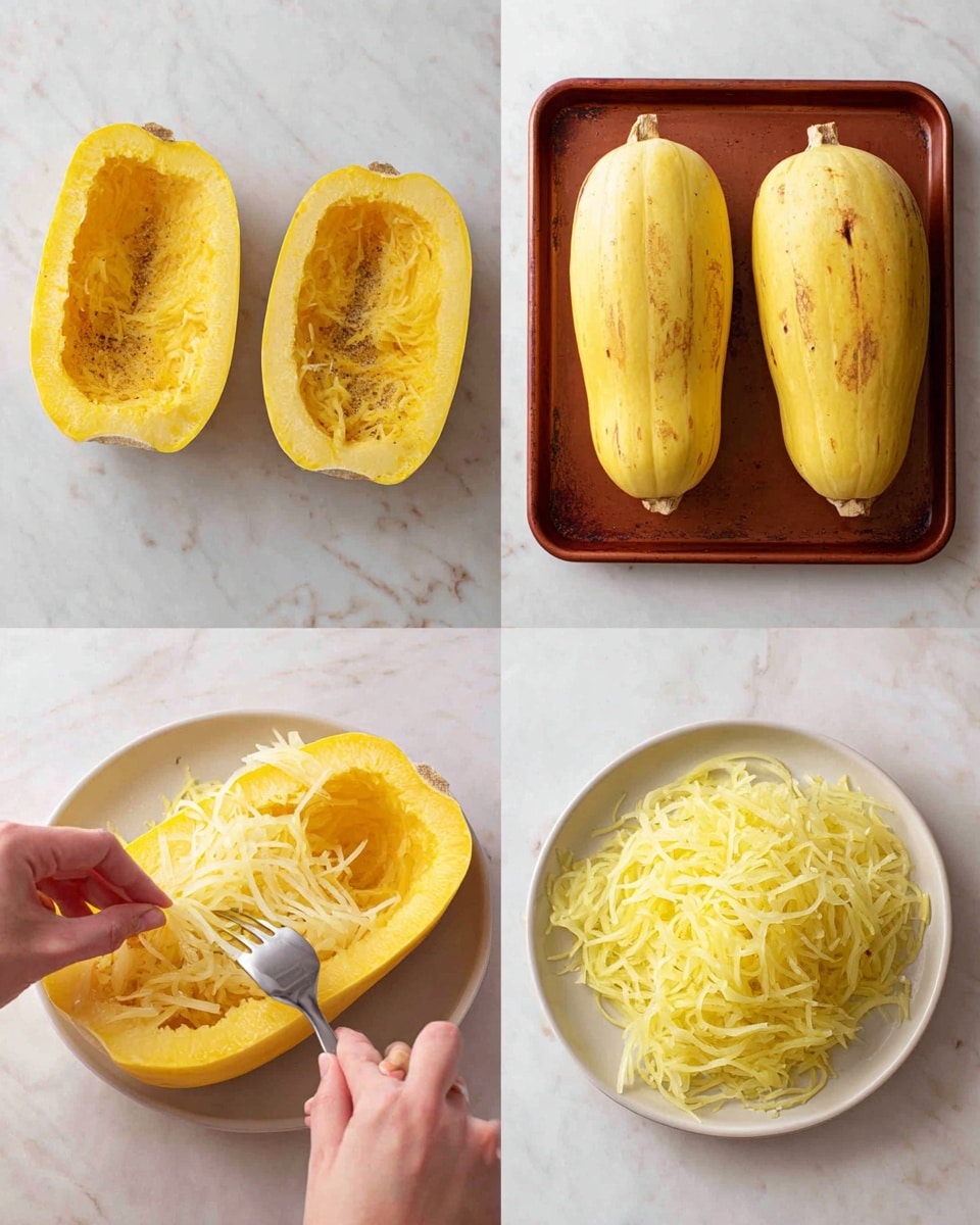 The image shows four steps of preparing spaghetti squash: the top right shows two whole yellow spaghetti squashes with small fork marks on their smooth skins placed on a brown tray; the top left shows the squashes halved lengthwise revealing the soft, slightly textured yellow flesh with some seasoning on a white marbled surface; the bottom left shows the inside of a half squash with stringy, pale yellow flesh being loosened by a fork held by a woman's hand; the bottom right shows a pile of shredded spaghetti squash on a white plate on a white marbled surface, its thin, curly strands light yellow and slightly translucent. photo taken with an iphone --ar 4:5 --v 7