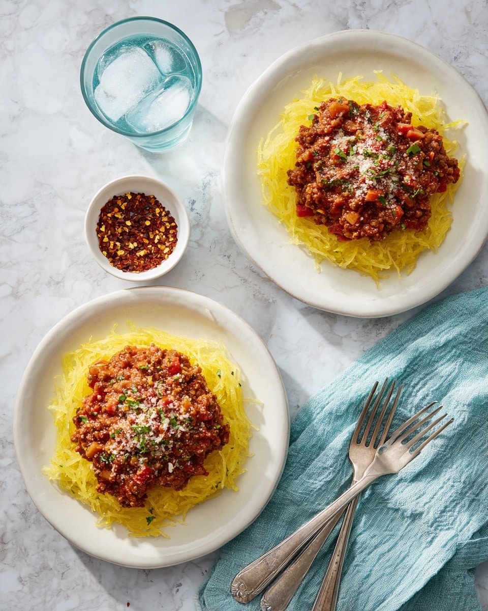 Two white plates each hold a single serving of spaghetti squash topped with a thick, chunky meat sauce mixed with diced carrots and herbs. The spaghetti squash forms a bright yellow base with thin noodle-like strands, while the meat sauce layer on top is a rich brown-red with small green herb pieces scattered around. Some grated cheese is sprinkled lightly over the sauce. Nearby, a small white bowl contains red chili flakes, and a clear glass filled with ice cubes and water sits next to it. A light blue textured cloth napkin with two silver forks rests on the side, all set on a white marbled textured surface photo taken with an iphone --ar 4:5 --v 7