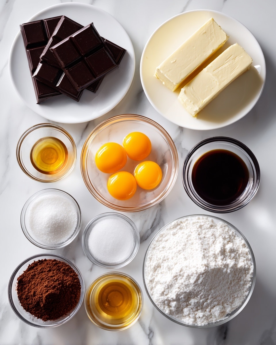 The image shows several small clear glass bowls and a white plate set on a white marbled surface, each bowl containing different baking ingredients. There are three square bars of dark bittersweet chocolate on the left side, with a white plate holding two thick slices of pale yellow butter below them. Near the center, a small glass bowl holds three separated egg yolks that are bright orange, next to another bowl of translucent egg whites. Around these, there are several smaller bowls filled with white salt, vanilla extract which is dark brown, clear corn syrup, light brown cocoa powder, very dark brown espresso powder, and a larger glass bowl full of white sugar crystals. Each ingredient is clearly separated and distinctly colored with smooth or powdery textures. Photo taken with an iphone --ar 4:5 --v 7