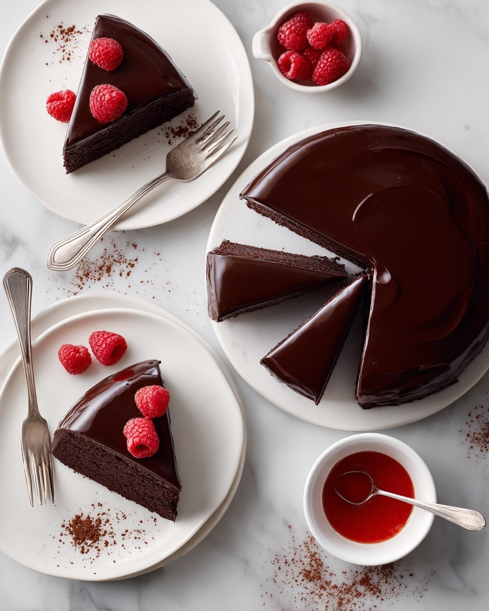 The image shows a dark chocolate cake with a smooth, shiny glaze covering the top and sides. One large round cake with a slice missing is on a white plate to the right, revealing a dense, rich chocolate layer inside. Two individual slices are served on separate white plates with three fresh, bright red raspberries beside each slice. Light brown cocoa powder is sprinkled around the slices on the plates and the white marbled surface. A small white bowl with a bright red sauce and a silver spoon sits between the plates, with two silver forks placed nearby. A silver fork rests on the plate holding the top slice. Photo taken with an iphone --ar 4:5 --v 7