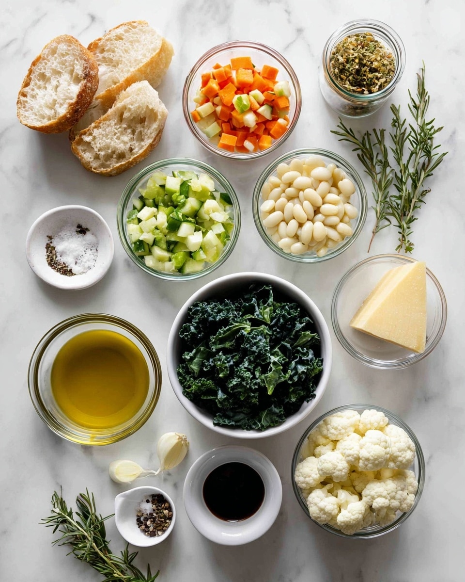 The image shows multiple small clear glass bowls arranged on a white marbled surface, each containing different fresh ingredients for cooking. There is a white bowl filled with golden olive oil on the bottom left next to a small white plate holding salt and black pepper. Above these are small glass bowls of finely chopped garlic, celery, diced zucchini, diced carrot, chopped onion, and small cauliflower florets. A larger glass bowl in the center holds dark green lacinato kale. Near the middle, a bowl of white cannellini beans and a whole potato lie on the surface. A wedge of pale yellow Parmesan cheese is placed on the right side, close to fresh green sprigs of thyme, parsley, rosemary, and sage. At the top left, slices of crusty bread sit inside a white bowl. In the top center, a small jar holds light brown vegetable broth. The whole layout is bright, clean, and well-organized. Photo taken with an iphone --ar 4:5 --v 7