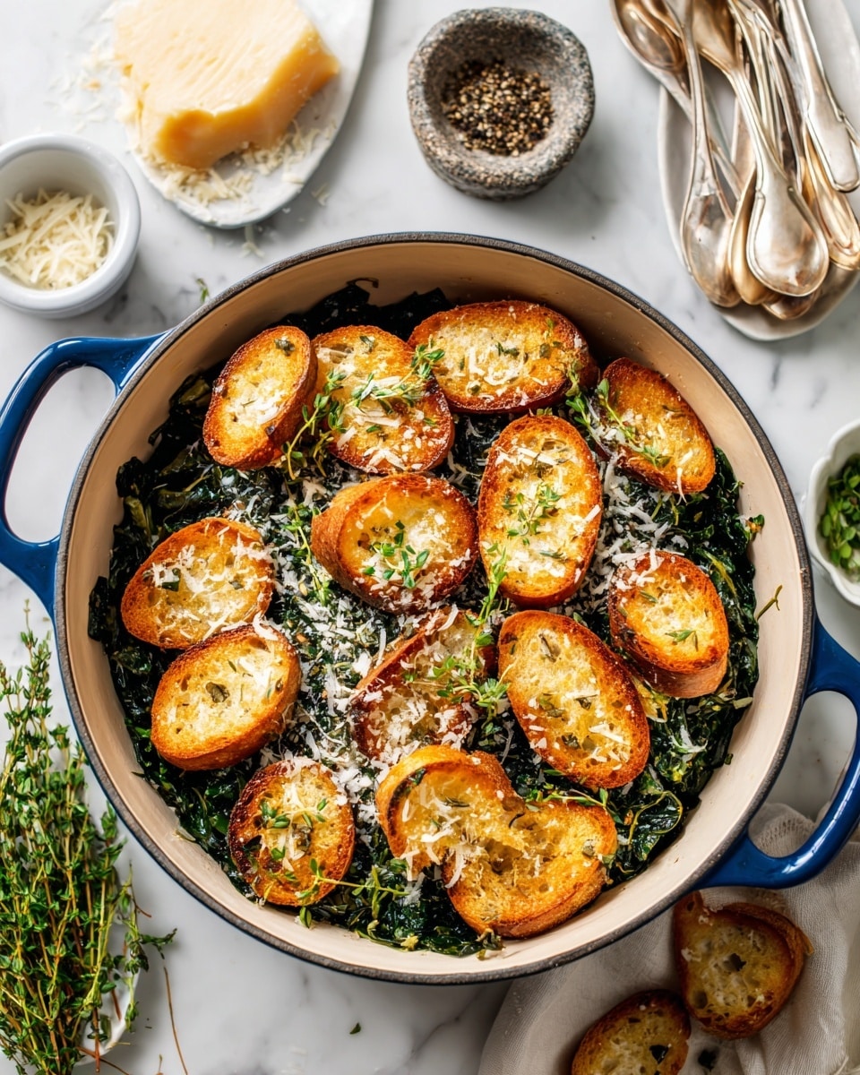 The dish shows a deep white pot with a blue handle filled with dark green cooked leafy vegetables at the bottom. On top, there are many golden brown toasted bread slices arranged to cover the surface evenly. The bread slices are sprinkled with finely grated white cheese and small fresh green herb leaves scattered across. Surrounding the pot are a white marbled surface with some fresh herbs on a small white plate, a small stone bowl with coarse black pepper, a white bowl containing a wedge of pale yellow cheese with grated cheese pieces beside it, and a group of vintage silver spoons with white handles. photo taken with an iphone --ar 4:5 --v 7