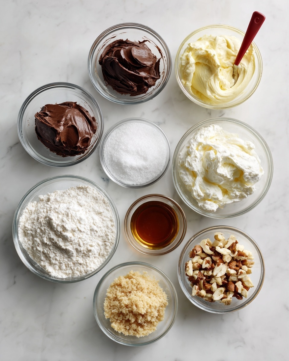 The image shows eight small clear glass bowls arranged on a white marbled surface. The top row has three bowls: the left bowl holds dark brown creamy chocolate, the middle bowl contains pale yellow smooth cream, and the right bowl is filled with fluffy white whipping cream with a red spoon inside. Below them, there are five smaller bowls: the left one has white powdered sugar, next to it is a bowl with white flour, a small clear bowl in the center holds brown liquid vanilla extract, a bowl with a light brown crumbly mixture sits next to it, and the rightmost bowl contains chopped nuts with brown and cream colors. photo taken with an iphone --ar 4:5 --v 7