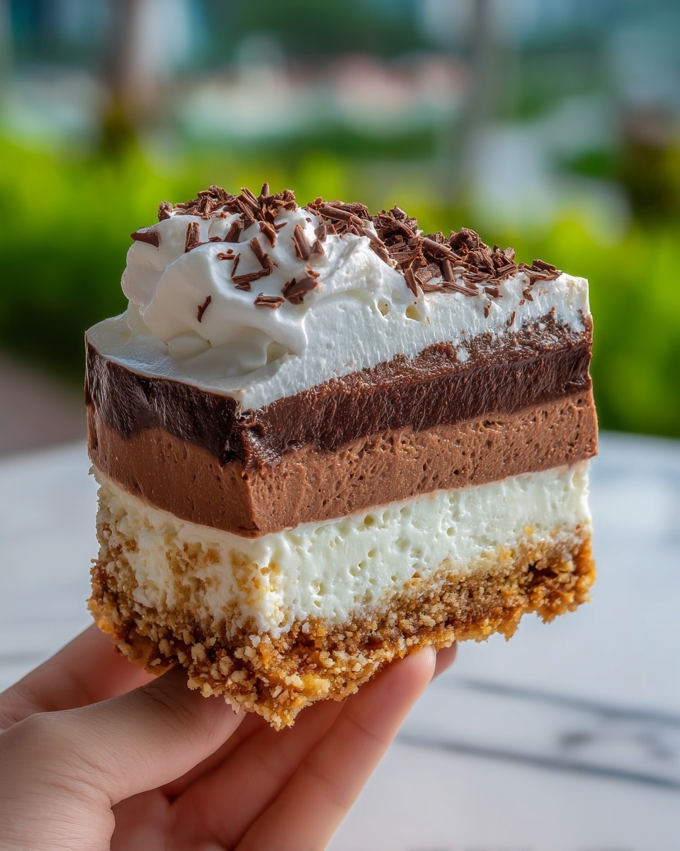 A close-up of a slice of layered dessert held by a woman's hand, showing four distinct layers: the bottom layer is light brown and crumbly with a texture resembling crushed nuts, above it is a creamy white layer that looks soft and fluffy, followed by a smooth, dark brown chocolate layer with a shiny surface, and topped with a thick, white whipped cream layer sprinkled with small chocolate shavings. The background has a softly blurred green outdoor scenery, and the dessert sits on a white marbled surface. Photo taken with an iphone --ar 4:5 --v 7