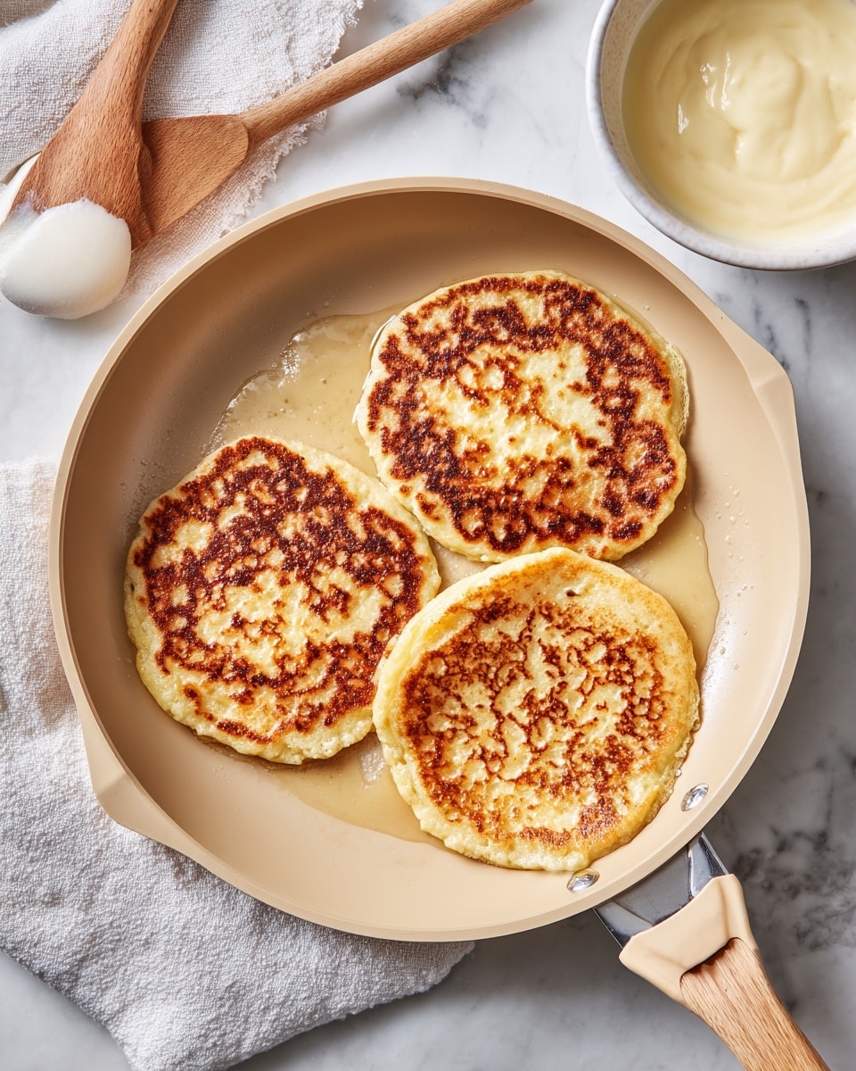 The image shows three round, golden-brown flatcakes cooking in a beige non-stick pan on a white marbled surface. Each flatcake has uneven edges and a textured surface with darker spots, showing they are toasted. The pan takes up most of the image, with a white towel and part of a white spatula nearby, along with a bowl of light, creamy batter and a wooden spoon. The overall setting is bright and clean. photo taken with an iphone --ar 4:5 --v 7