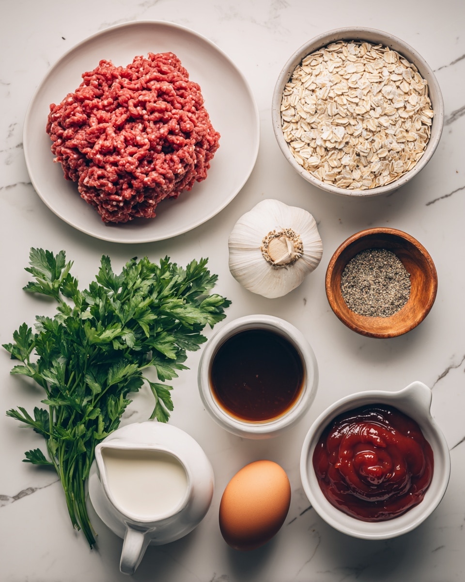 The image shows a top view of ingredients for a recipe arranged neatly on a white marbled surface. At the center top is a white plate with a large, textured mound of raw ground beef with a deep red color. To the right of it, there is a small white bowl filled with light beige quick cooking oats and above that a small wooden bowl with coarse salt and cracked black pepper. Below the oats, there is a small white pitcher with white milk, and next to it, a small white bowl filled with shiny dark brown Worcestershire sauce. To the bottom right, a white bowl holds thick, smooth, deep red ketchup. Near the bottom center is another small white bowl containing mixed dried Italian seasoning herbs. A medium brown egg sits near the bottom left, with a bulb of garlic that is off-white and slightly textured above it. To the far left, a fresh bunch of bright green parsley with several stems and leafy tops fills the corner, and just above it, a smooth round tan onion completes the arrangement. Photo taken with an iphone --ar 4:5 --v 7