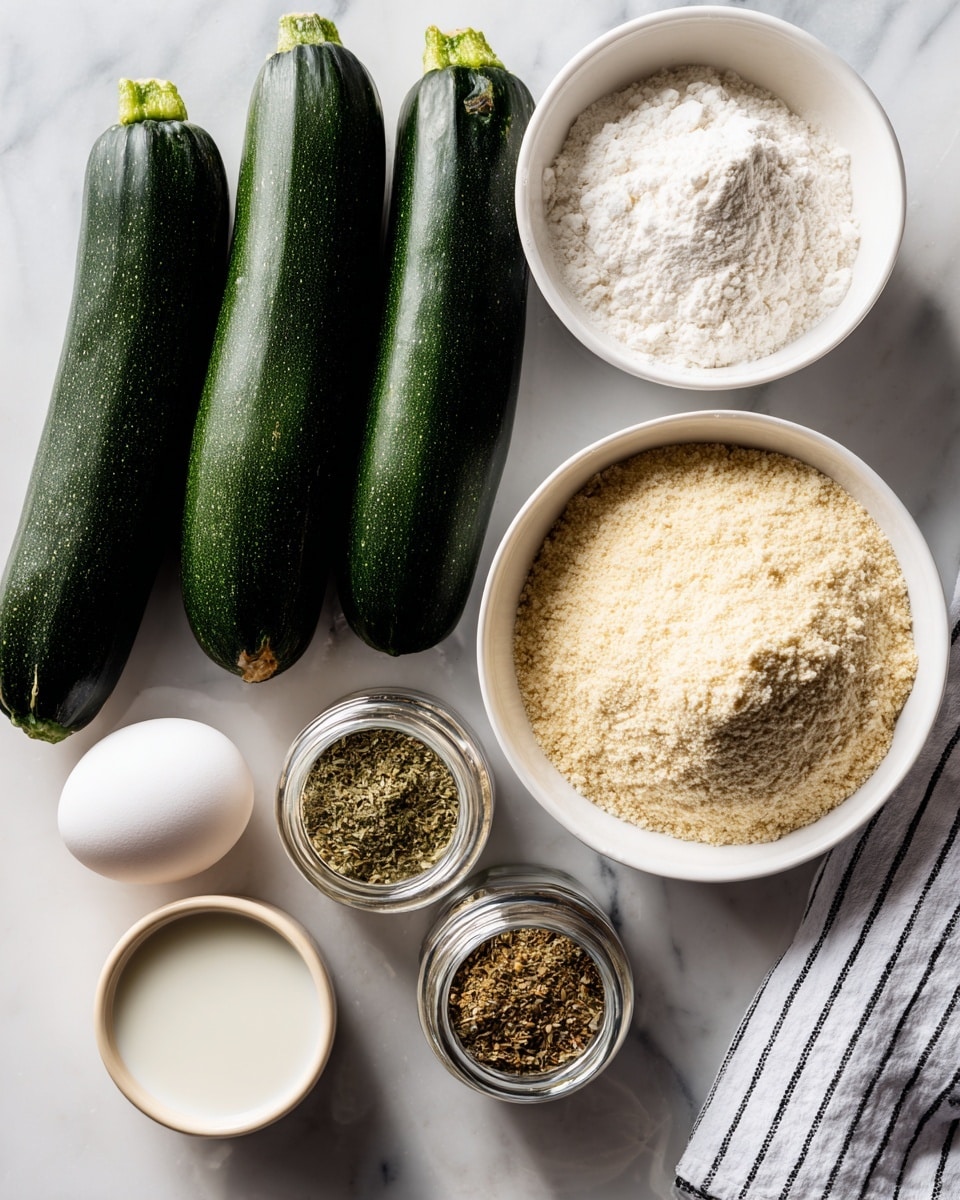 Two dark green zucchinis lie side by side on a white marbled surface at the top left. To their right is a white bowl filled with white flour, followed by another white bowl below it holding light brown panko crumbs on the left side. Between the bowls are two clear glass spice jars with silver tops filled with pale yellow garlic powder and green Italian seasoning. Below the spices is a white egg resting on the surface near the bottom center, and to the left of the egg, a white bowl containing milk. A white and black striped cloth is partially visible on the right side of the image. Photo taken with an iphone --ar 4:5 --v 7
