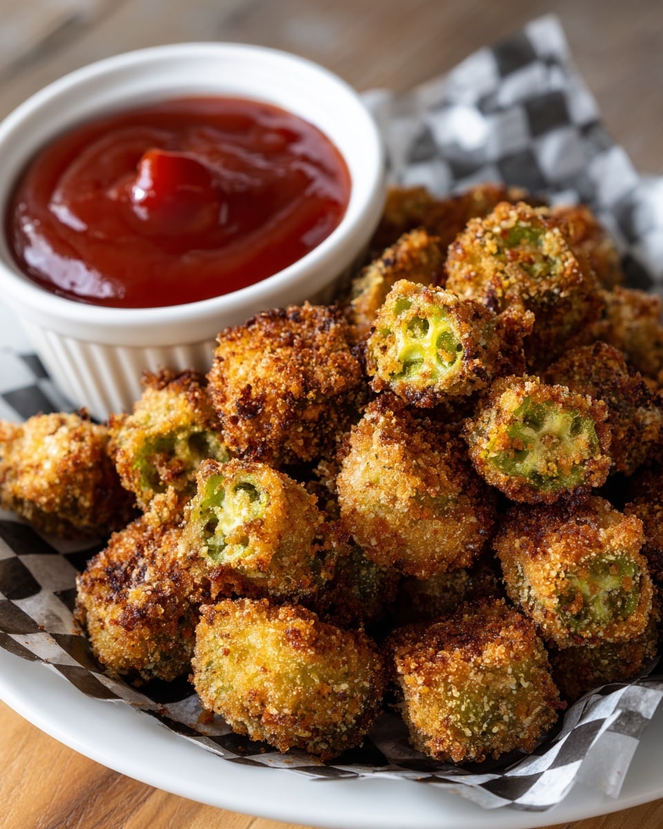 A close-up view of a pile of crispy, golden-brown fried okra pieces with a textured, crunchy coating sitting on a white plate with a black and white checkered paper. The okra pieces have some green visible inside the thick batter. Behind the plate is a white bowl filled with smooth, deep red dipping sauce. The background has a white marbled texture under the plate with a wooden surface visible below. photo taken with an iphone --ar 4:5 --v 7