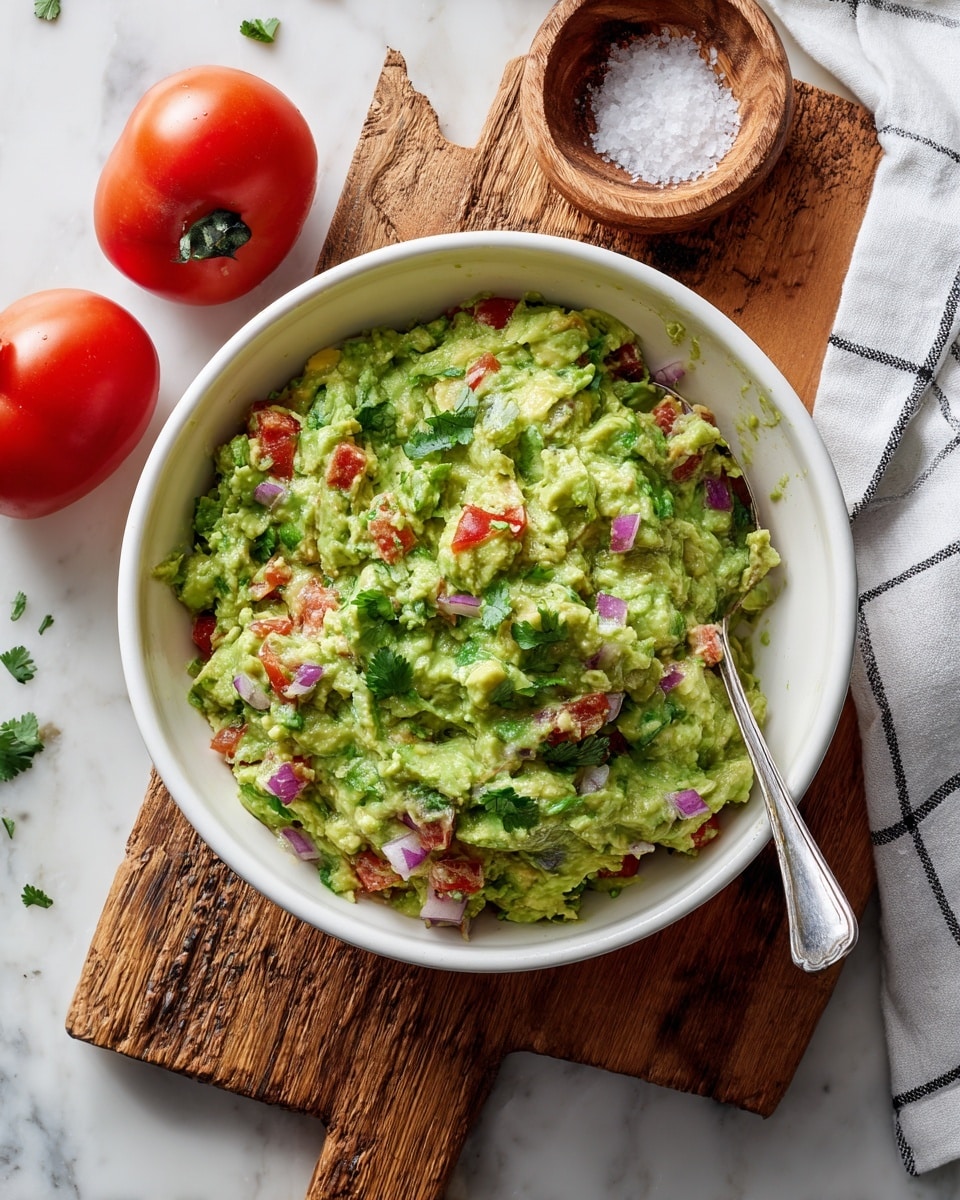 A white bowl filled with fresh guacamole showing a mix of bright green mashed avocado, small chunks of red tomatoes, finely chopped purple onions, and bits of green cilantro throughout, with a silver spoon inside the bowl. The bowl rests on a wooden cutting board with a rustic texture, placed on a white marbled surface. To the left side of the cutting board, there are two red tomatoes with green stems. A small wooden bowl of coarse white salt sits above the white bowl, and a white and black checkered cloth is partially visible on the top right corner. Photo taken with an iphone --ar 4:5 --v 7