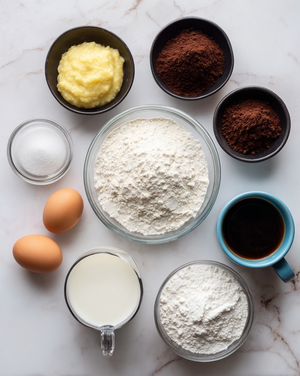 The image shows a top view of various baking ingredients laid out neatly on a white marbled surface. In the center is a clear glass bowl filled with white flour. Surrounding it are six black bowls containing different ingredients: one with light yellow apple sauce at the top left, one with dark brown cocoa powder below it, and one with white granulated sugar at the bottom right. Two brown eggs are placed side by side near the bottom left beside a clear measuring cup filled with white milk. At the top right, there's a white cup with a blue rim holding dark brown coffee, and next to it is a small clear bowl with white baking powder. The overall composition is simple and orderly, with each ingredient clearly visible. Photo taken with an iphone --ar 4:5 --v 7