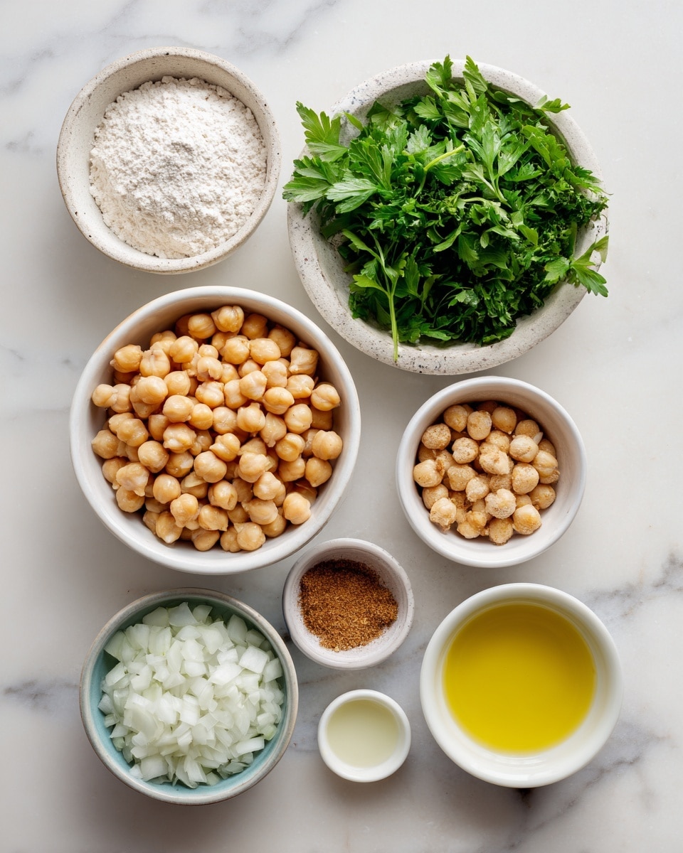 The image shows seven small white bowls arranged neatly on a white marbled surface. The top left bowl has a fine white powder, likely flour. To its right, there is a bowl filled with green parsley leaves. Next is a larger bowl filled with light brown chickpeas. Below the chickpeas, a small bowl contains a brown spice powder. At the bottom left, there is a bowl with finely chopped white onions. Near the bottom center, a small bowl holds a light yellow oil, and to its right, another small bowl contains a pale yellow liquid, possibly lemon juice. All items are spaced evenly on the white marbled background. photo taken with an iphone --ar 4:5 --v 7