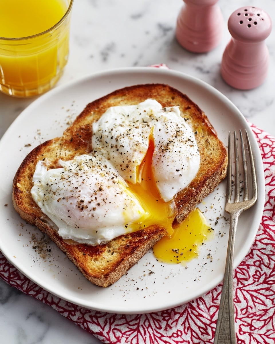 A white plate holds one slice of toasted bread with a golden-brown color and crisp texture. On top of the toast, there are two white poached eggs, each sprinkled with black pepper. The plate is on a white marbled surface with a red and white patterned cloth underneath. To the left of the plate, there is a clear glass of yellow orange juice. To the right, there is a silver fork and a pair of pink salt and pepper shakers. Photo taken with an iphone --ar 4:5 --v 7