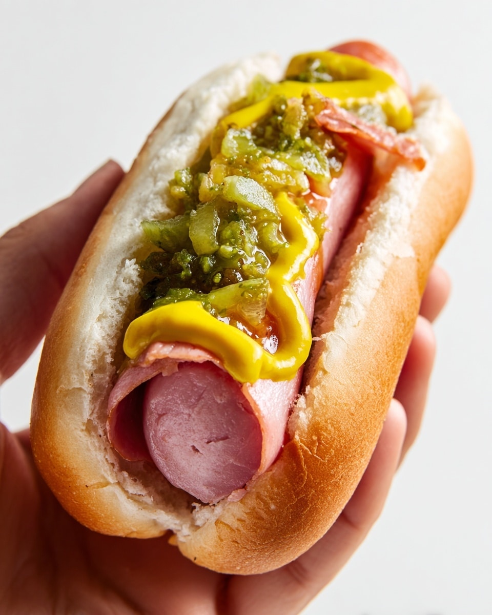 A close-up of a partially eaten hot dog held by a woman's hand, showing one main visible layer of a pinkish sausage with a soft, white bun surrounding it. On top of the sausage, there is a thick line of yellow mustard and a layer of greenish pickle relish mixed with some reddish ketchup-like sauce, giving a glossy texture. The background is plain white, and the surface beneath is not visible. The bun looks fluffy and slightly torn from the bite. Photo taken with an iphone --ar 4:5 --v 7