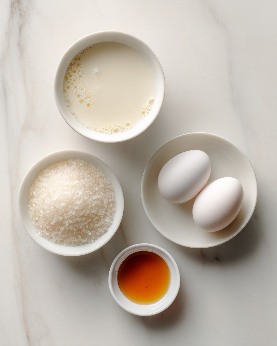The image shows four white dishes placed on a white marbled surface. In the top left, there is a white cup filled with milk that has a smooth texture and some small bubbles on the surface. To the right, a white small bowl holds two white eggs with smooth shells. Below that, a tiny white bowl contains a small amount of amber liquid vanilla extract, which looks clear and shiny. On the bottom left, a white bowl is filled with coarse white sugar crystals that catch the light and appear grainy. The items are arranged neatly, each with clean and simple details, photo taken with an iphone --ar 4:5 --v 7