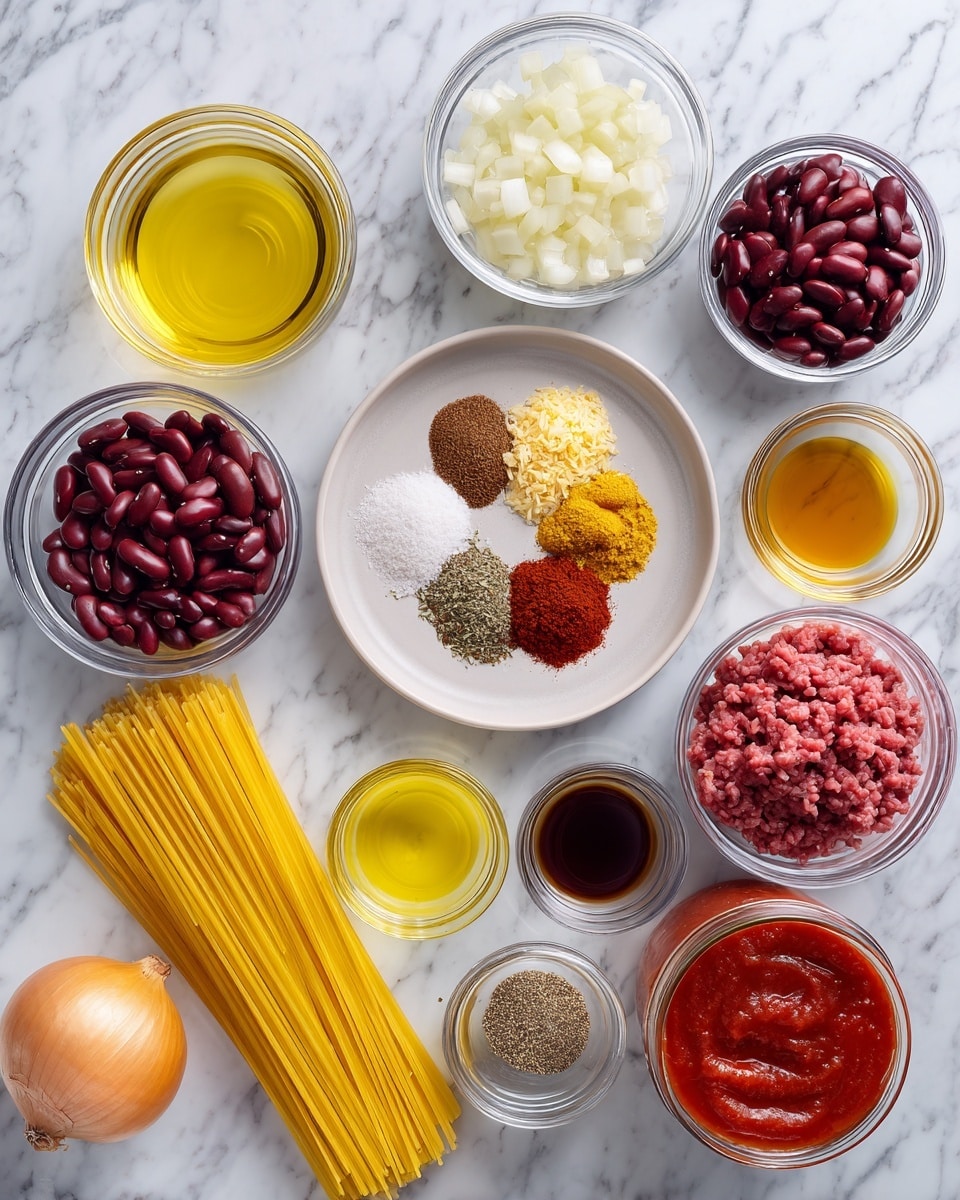 The image shows a collection of ingredients neatly placed on a white marbled surface, each in clear glass bowls or small dishes. Starting from the top left, there is a small bowl with light yellow apple cider vinegar, next to a bowl with chopped white onions. Below that are bowls containing deep red kidney beans, bright red tomato paste, and a small bowl with pale oyster crackers. In the center is a plate with a mix of spices including chili powder, oregano, cinnamon, allspice, cloves, salt, and pepper. Surrounding the spice plate are small bowls holding yellow olive oil, dark Worcestershire sauce, and light brown sugar. To the right, there is a bowl with vibrant red tomato sauce, a jar with light golden chicken broth, a bowl with raw ground beef in shades of red, and a clear container holding dry yellow spaghetti strands standing upright. A whole yellow onion sits at the bottom left corner. The ingredients are labeled for easy identification. Photo taken with an iphone --ar 4:5 --v 7