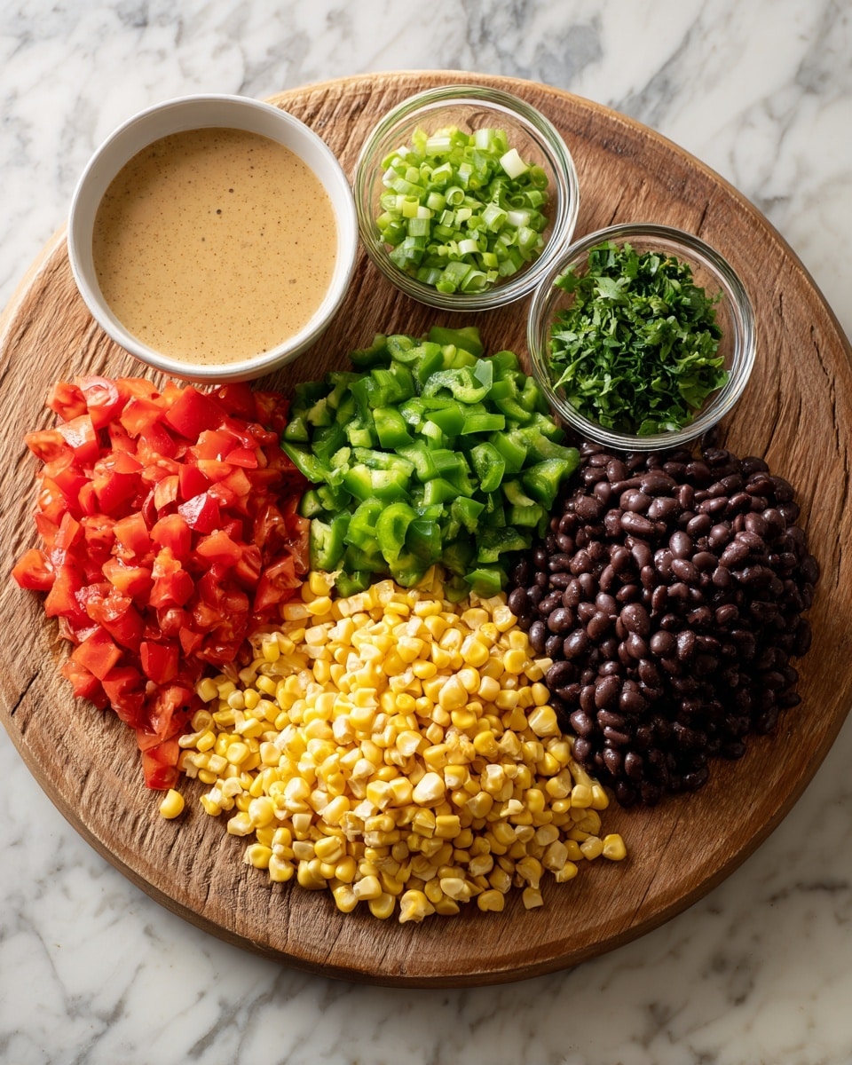 A round wooden board holds six colorful sections of fresh ingredients: bright red diced tomatoes at the top left; a small glass bowl of chopped green onions above the tomatoes; finely chopped green bell peppers below the onions; a small glass bowl of chopped cilantro at the top right; dark black beans below the cilantro; and a large pile of yellow corn kernels below the tomatoes and green peppers, nearly in the center. To the left of the board is a white bowl filled with a creamy light brown sauce. The whole scene is set on a white marbled surface. photo taken with an iphone --ar 4:5 --v 7