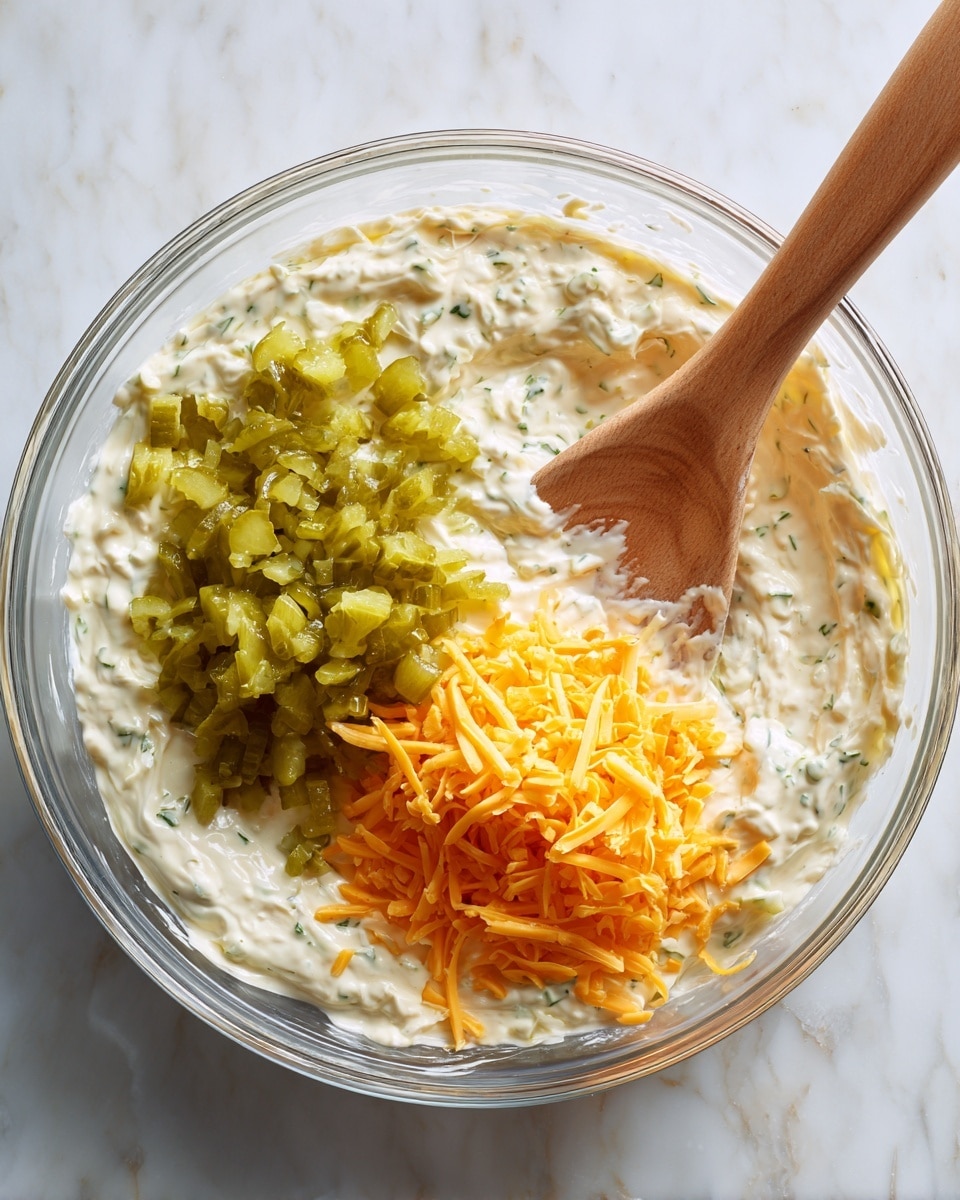 There is a clear glass bowl on a white marbled surface filled with a creamy white mixture. On one side of the bowl, there is a pile of bright green chopped pickles, and on the other side, there is a pile of shredded orange cheddar cheese. A wooden-handled spatula is partially dipped into the mixture. The creamy base is slightly textured with small green herbs everywhere. Photo taken with an iphone --ar 4:5 --v 7