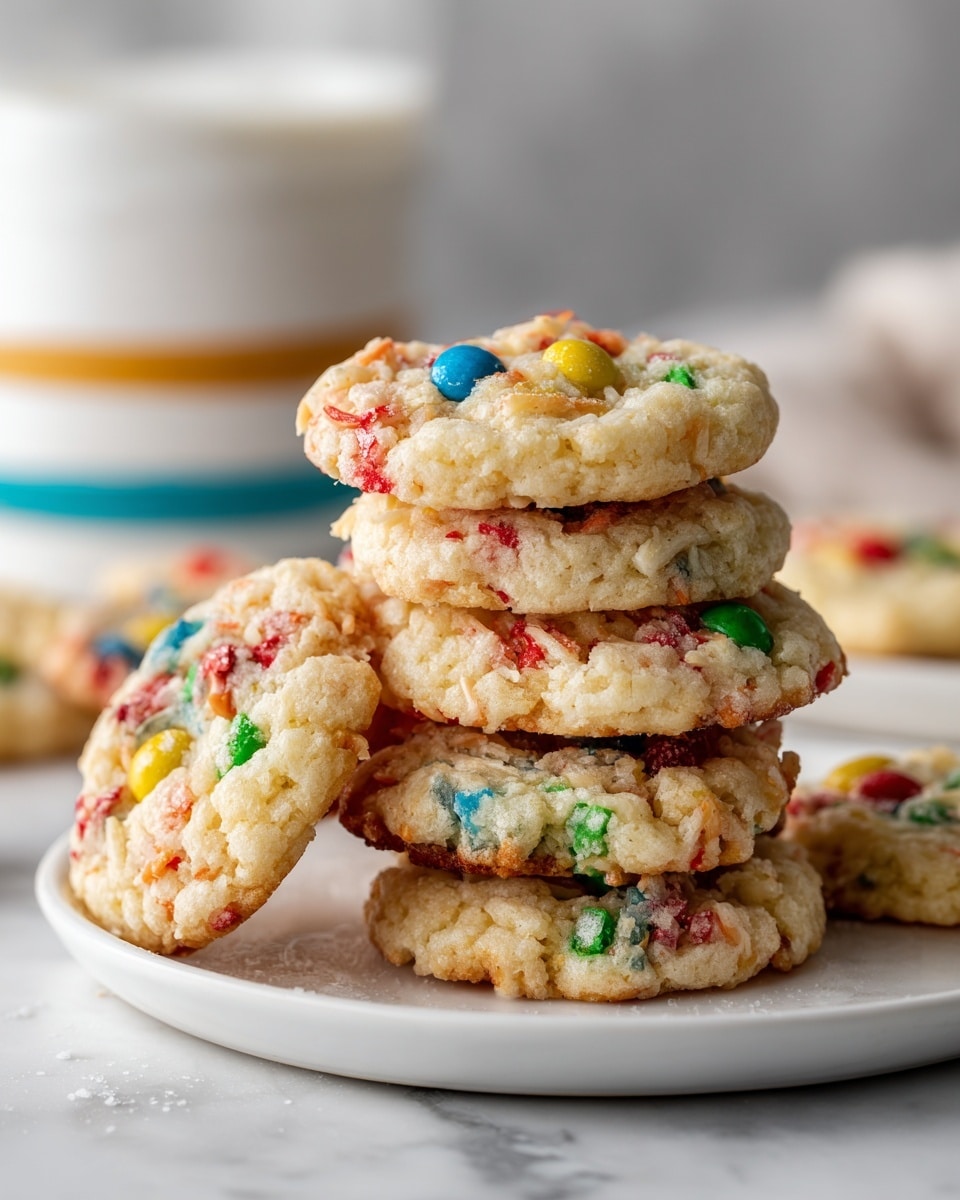 A stack of small light golden coconut cookies with colorful candy pieces on top sits on a bright white plate. Each cookie has a rough texture with toasted edges and visible shredded coconut strands mixed with bits of candy in red, green, yellow, and blue colors. The plate rests on a white marbled surface with a slightly blurred background showing a white container with colorful horizontal stripes in various bright colors. The candies add a glossy shine and vivid spots over the soft, crunchy-looking cookies photo taken with an iphone --ar 4:5 --v 7