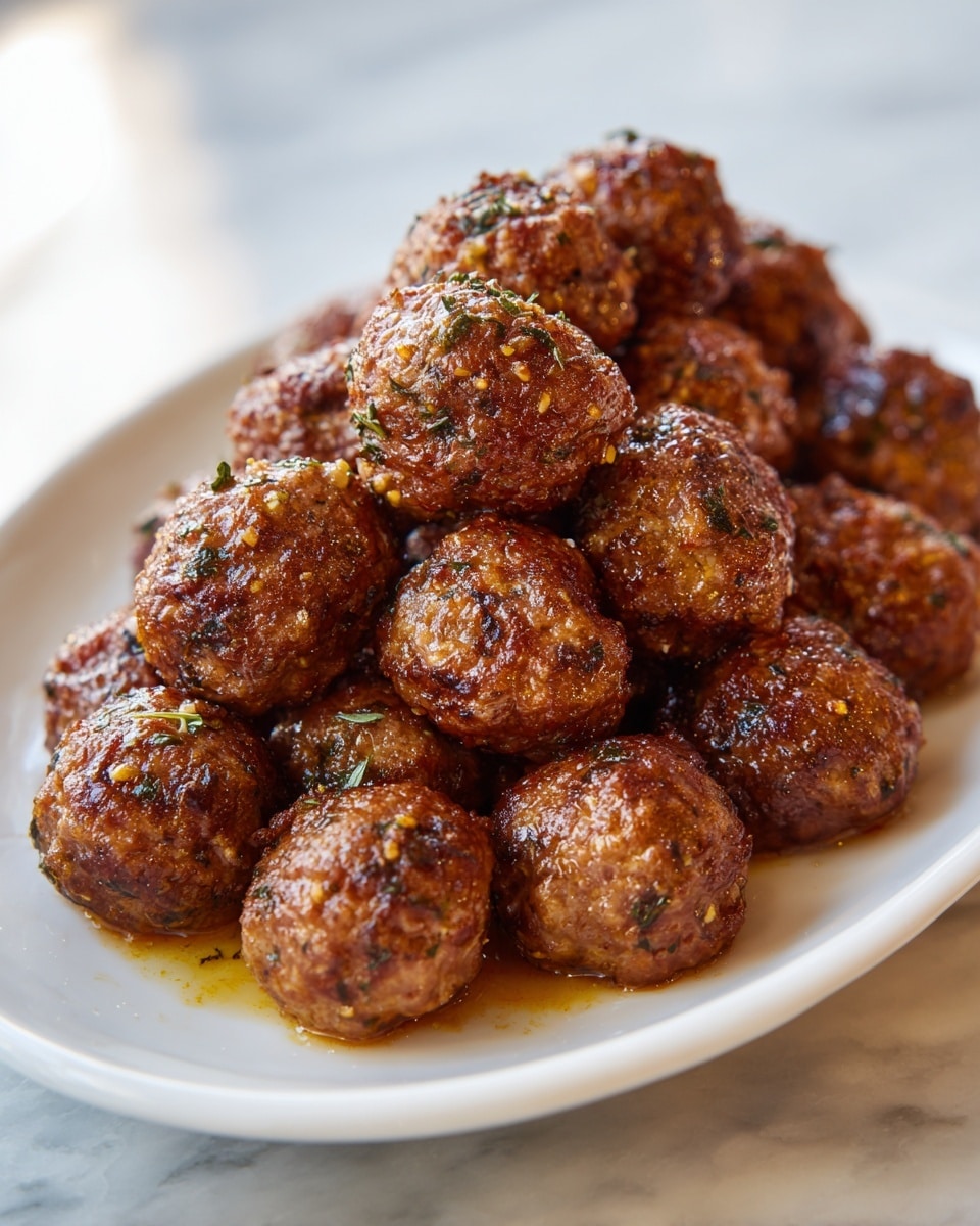 The image shows a white oval plate filled with about eighteen round meatballs. Each meatball has a browned, slightly crispy outside with a rough texture, showing small bits of herbs and spices. The meatballs are piled closely together on the plate, which is placed on a white marbled surface. The lighting highlights the rich brown color and slight shine on the meatballs. Photo taken with an iphone --ar 4:5 --v 7