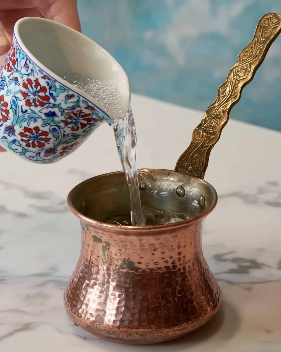 The image shows a close-up of a hand pouring clear water from a small white cup with colorful blue, red, and green floral patterns into a hammered copper pot with a long, ornate brass handle. The pot has a rounded base and a flared top edge, sitting on a white marbled surface. The water is mid-pour, with a shiny, smooth flow entering the pot, and the background is softly blurred with light blue and white tones. Photo taken with an iphone --ar 4:5 --v 7