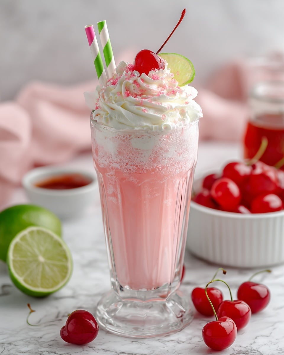 A tall clear glass filled with a frothy pink drink showing light pink layers with bubbles and foam near the top, topped with a swirl of white whipped cream sprinkled with pink sugar, a red cherry with its stem, and a green lime wedge on one side. Two paper straws, one with green and white stripes and the other with pink and white stripes, stand inside the glass. The glass is set on a white marbled surface with a half lime on the left, a white bowl filled with bright red cherries in the background, and a white bowl with red syrup to the right. The background is softly blurred with light pink cloth visible. Photo taken with an iphone --ar 4:5 --v 7