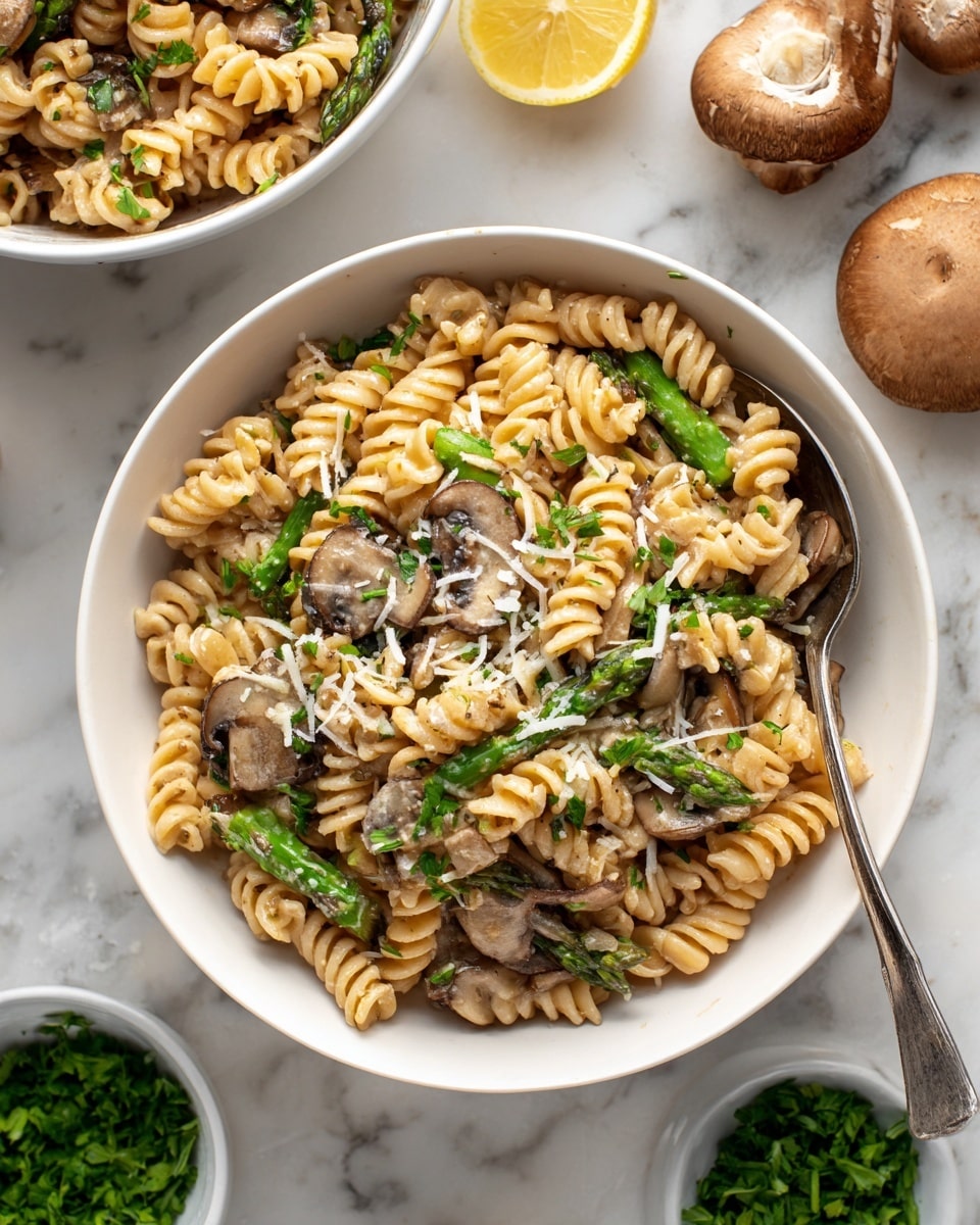 The image shows a white bowl filled with creamy pasta made of spiral rotini noodles, mixed with pieces of sliced brown mushrooms and green asparagus spears. The pasta is coated with a light beige sauce and topped with small shreds of white cheese and finely chopped parsley scattered evenly. A silver spoon rests inside the bowl on the right side. The bowl is placed on a white marbled surface with three whole brown mushrooms, a half lemon, and a small white bowl filled with chopped parsley nearby. Another bowl of the same pasta is partially visible in the upper left corner. Photo taken with an iphone --ar 4:5 --v 7