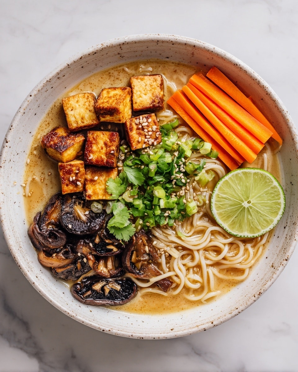 A white speckled bowl filled with light brown broth and curly noodles sits on a white marbled surface. On top of the noodles, there are three main layers: golden brown cubes of tofu stacked near the center, thin bright orange carrot sticks arranged vertically to one side, and sautéed dark brown mushroom slices at the bottom. A fresh green lime half is placed next to the carrots, along with some green chopped scallions and a sprig of cilantro scattered on top. The broth looks smooth and slightly creamy, with a few sesame seeds sprinkled over the tofu and mushrooms. Photo taken with an iphone --ar 4:5 --v 7