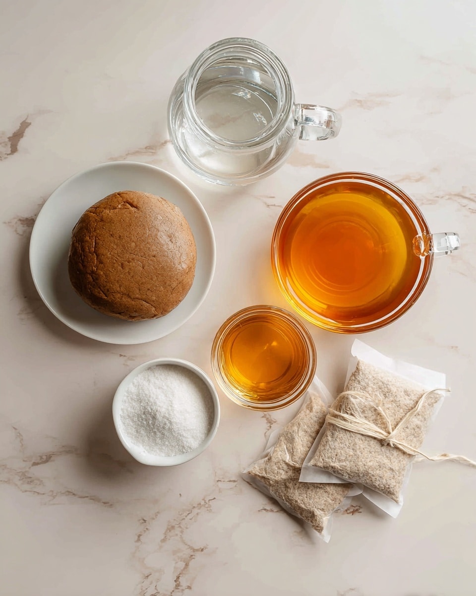 The image shows ingredients for making kombucha on a white marbled surface. There is a white plate holding a round, brown SCOBY with a smooth and slightly shiny texture positioned on the left side. In the center, there is a clear glass jar filled with water that is transparent and reflective. To the right of the jar, a small clear glass measuring cup contains amber-colored starter tea with a smooth surface. Below these items, a white 1-cup measuring cup is filled with fine white sugar, and to the right of it, there are several beige tea bags with a rough, paper-like texture arranged alongside some loose tags with strings. photo taken with an iphone --ar 4:5 --v 7