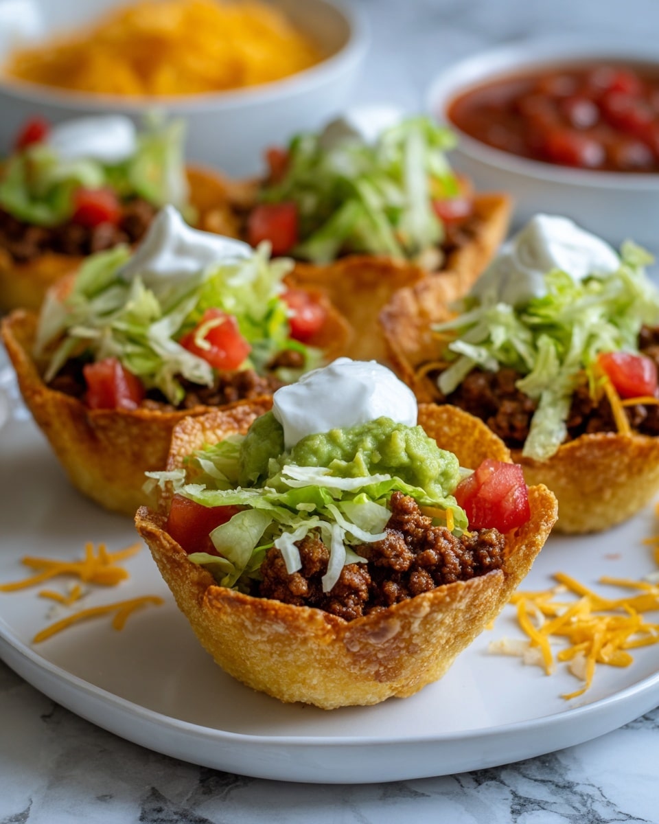 The image shows a white plate holding a crispy, golden-brown taco cup with four visible layers: crispy shell at the bottom, brown cooked ground meat in the middle spilling slightly onto the plate, shredded lettuce and shredded yellow and white cheese above the meat, then a dollop of green guacamole topped by white sour cream and finally diced red tomatoes on top. In the background, there is a white plate of multiple similar taco cups on a white marbled surface, and a white bowl filled with red salsa. Some shredded cheese pieces are scattered on the surface near the plate. photo taken with an iphone --ar 4:5 --v 7