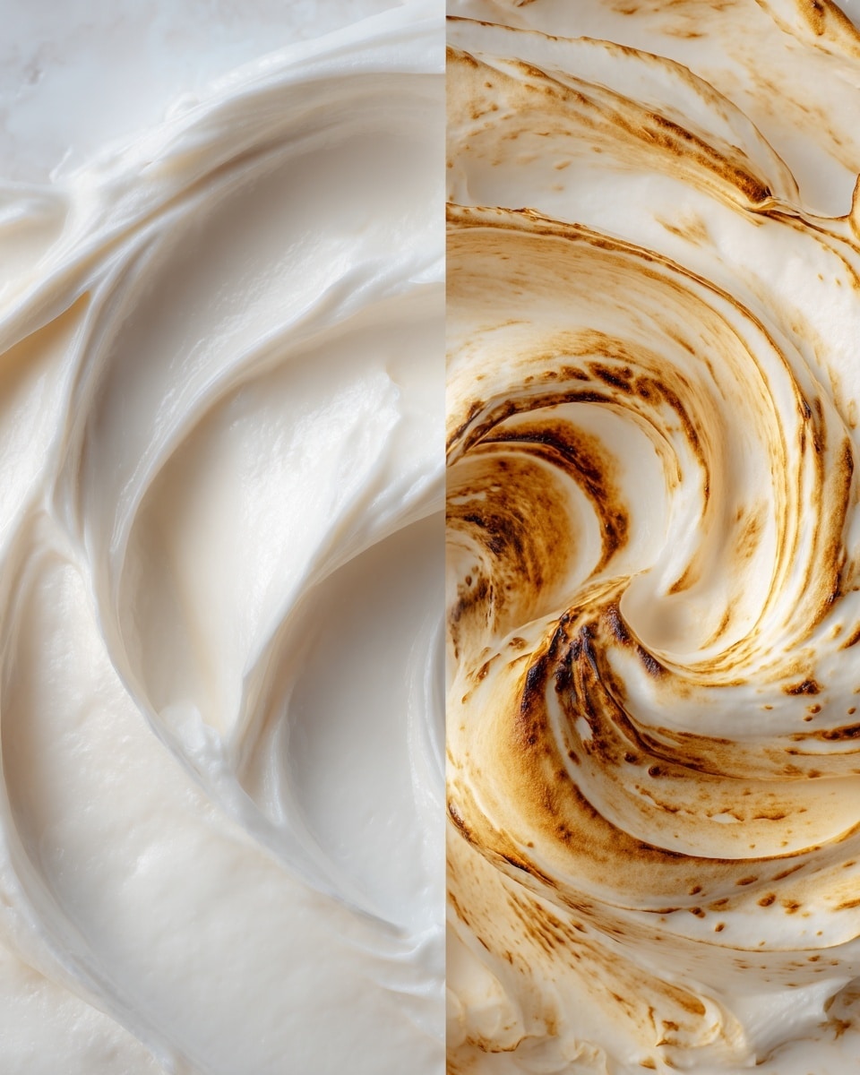 The image shows two close-up views of a soft, fluffy white cream spread smoothly with swirling patterns. The left side displays the cream in its natural white color with gentle peaks and a smooth texture on a white marbled surface. The right side shows the same cream but torched, creating a mix of white and golden-brown toasted colors with crisp, dark brown highlights and smooth swirls on a white marbled surface. photo taken with an iphone --ar 4:5 --v 7
