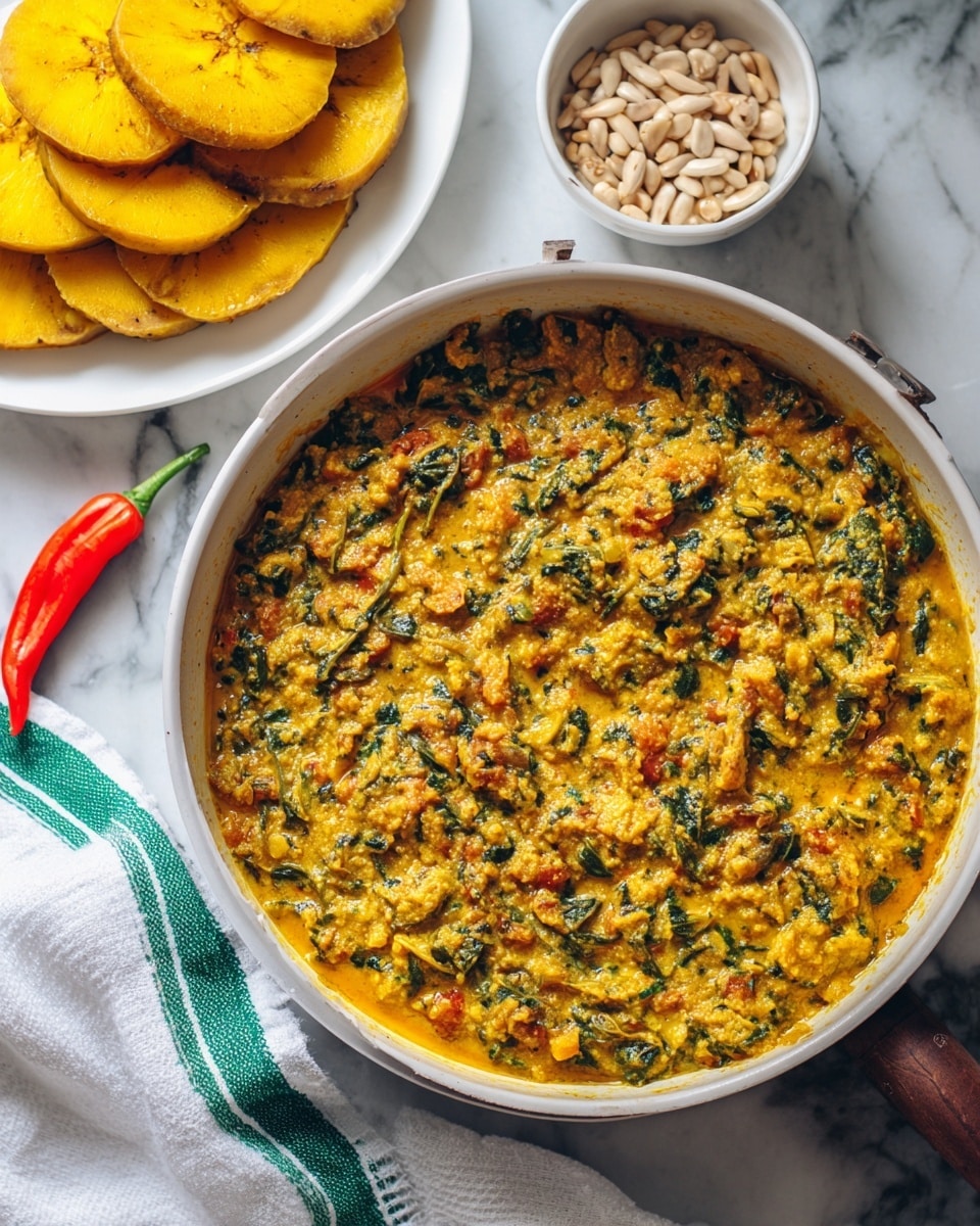 The image shows a white pan filled with a thick yellow stew that has a crumbly texture and bits of green leafy vegetables mixed in. The stew has a slightly oily surface with some reddish oil showing through. Around the pan, there is a white plate with bright yellow boiled plantains stacked on it, and a white bowl filled with light beige sliced seeds. A bright red chili pepper lies on the white marbled surface nearby. A white cloth with green stripes is partially visible under the pan. photo taken with an iphone --ar 4:5 --v 7
